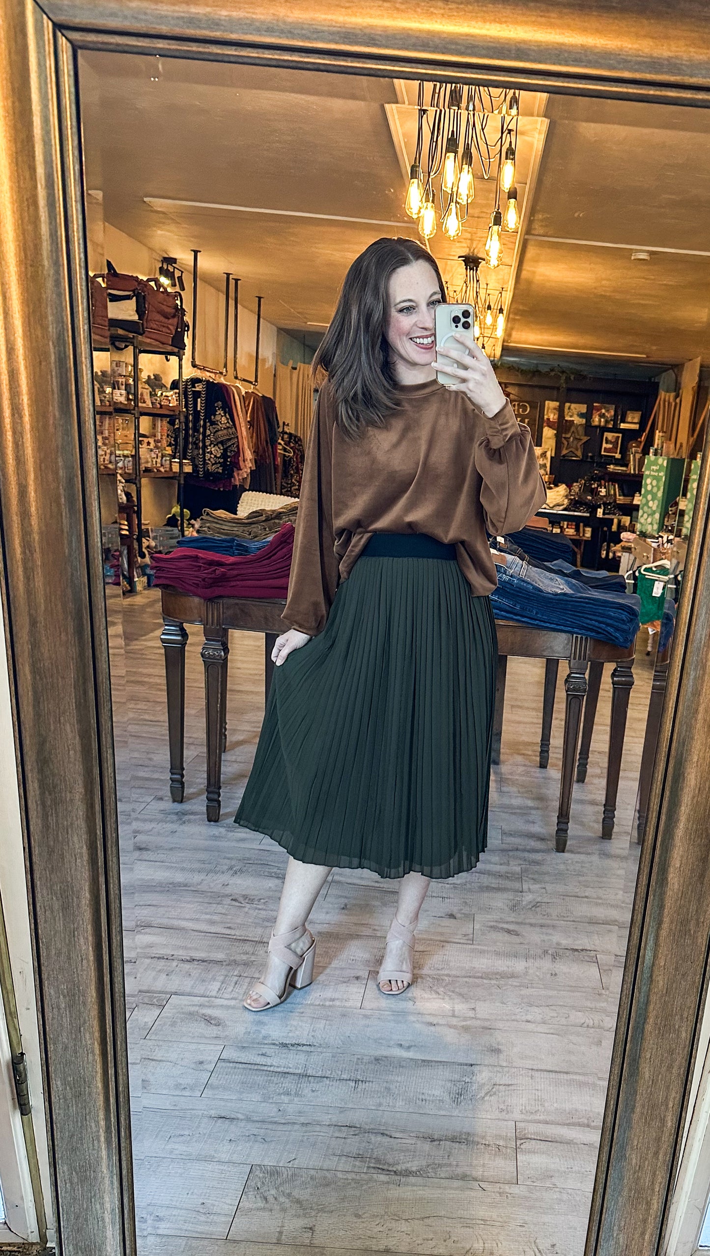 Midi Elizabeth Pleated Chiffon Skirt in Dark Olive