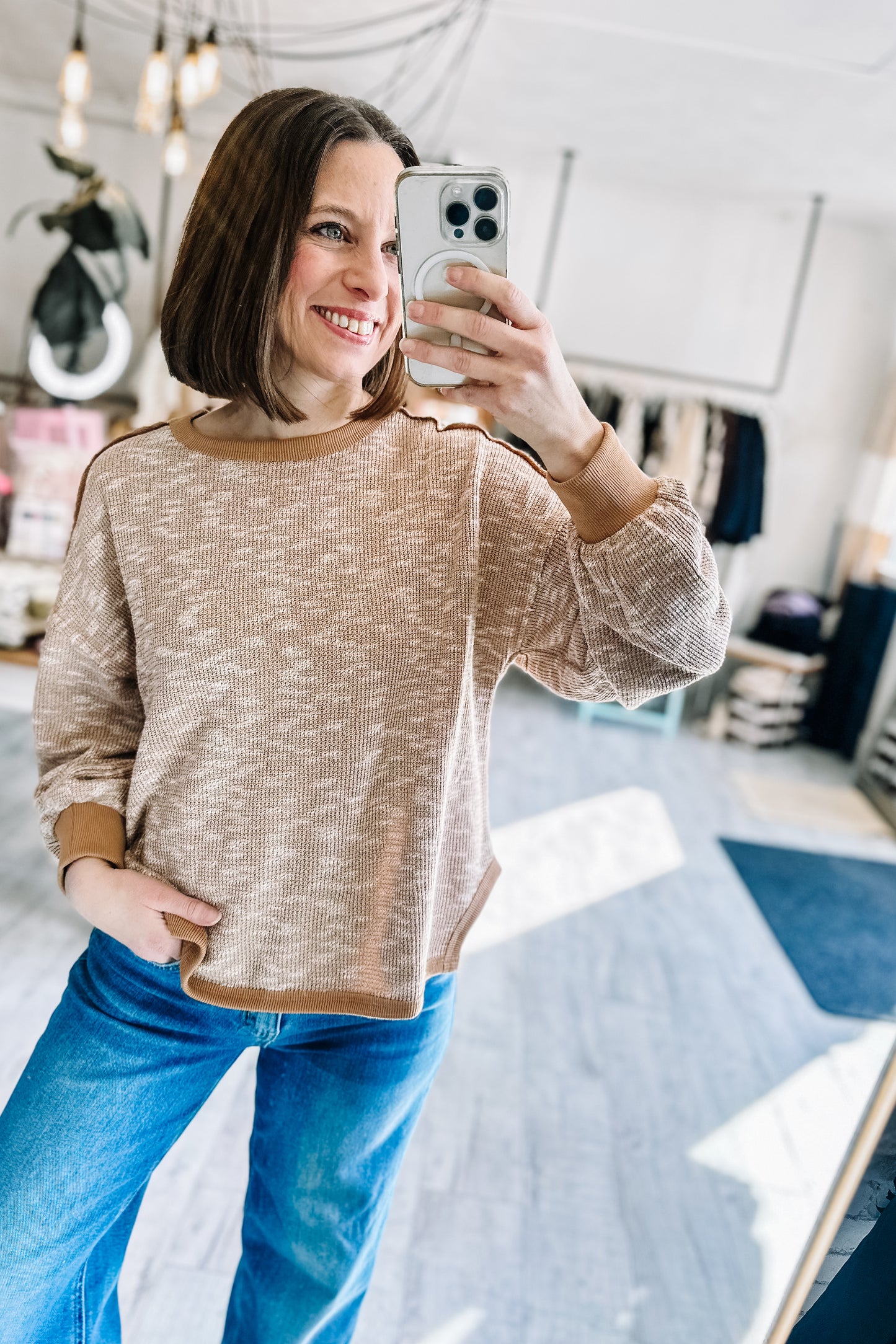 Oversized Printed Knit Casual Top in Mixed Mocha