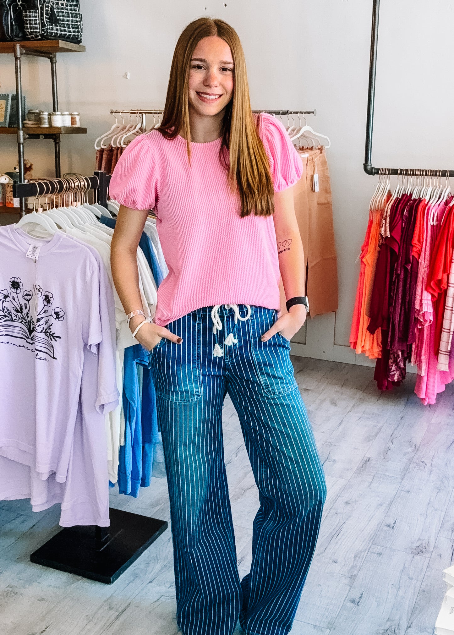 Ribbed Puff Sleeve Top in Soft Pink