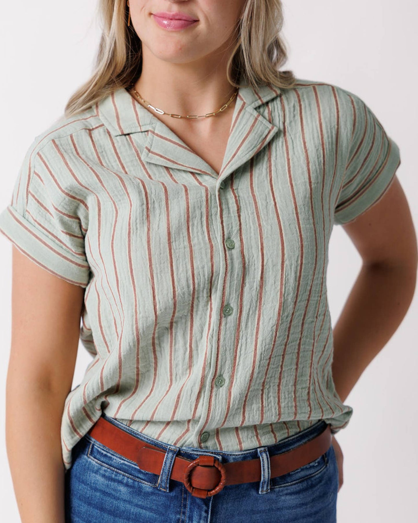 Allie Short Sleeve Striped Button Down Blouse