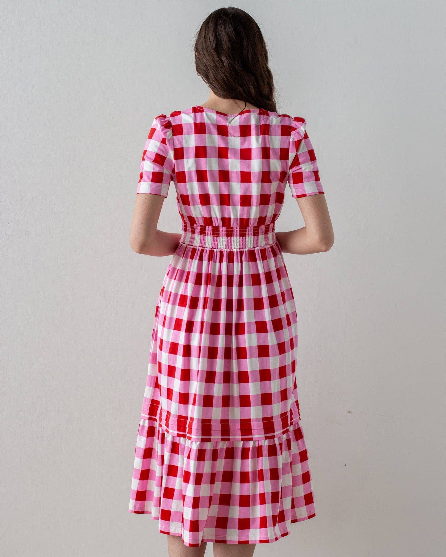 Market Pink Plaid Short Sleeve V-neck Midi Summer Dress