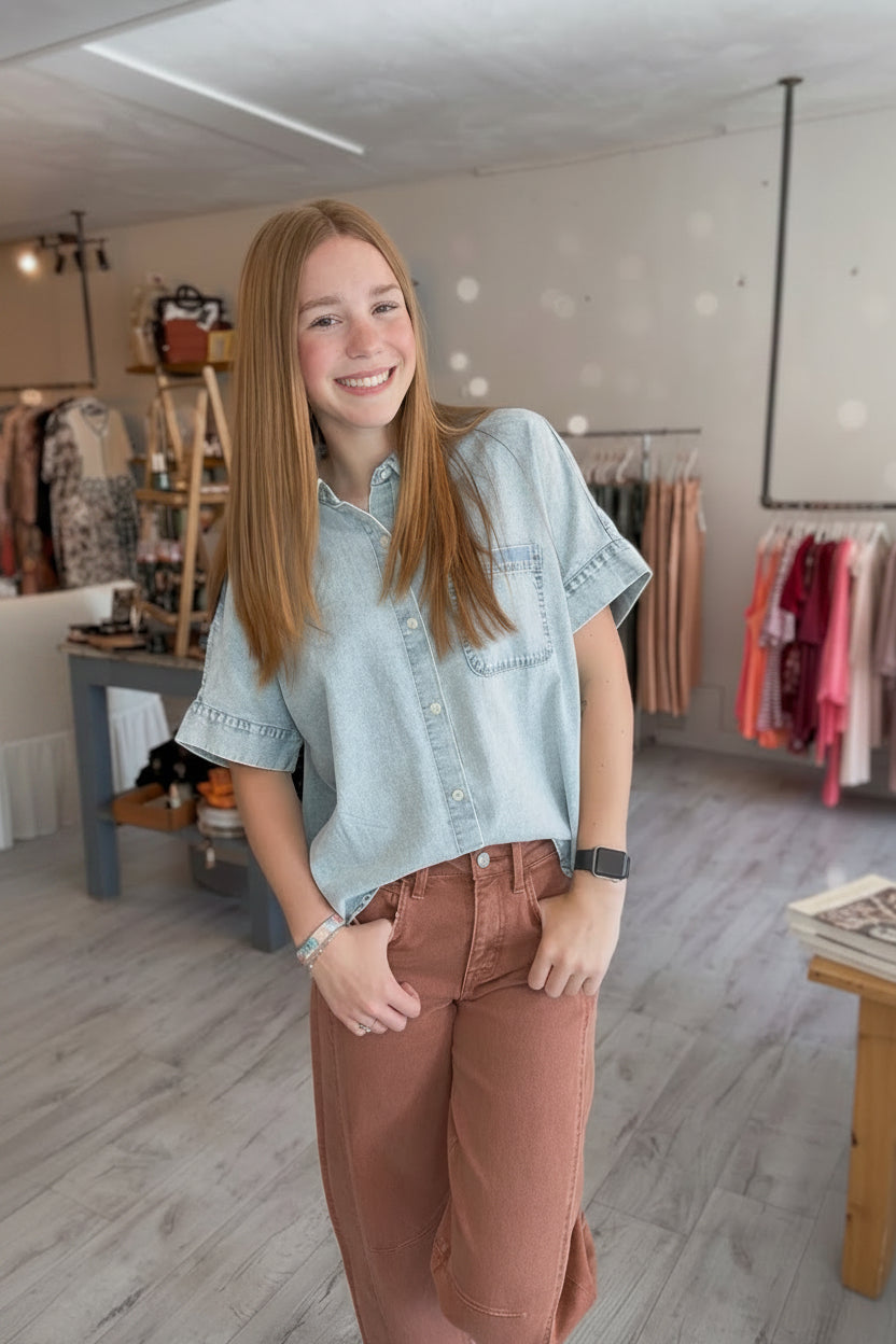 Mineral Washed Chambray Oversized Shirt Top