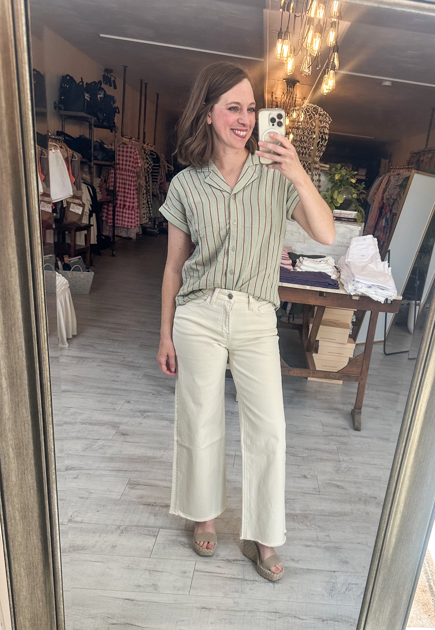 Allie Short Sleeve Striped Button Down Blouse