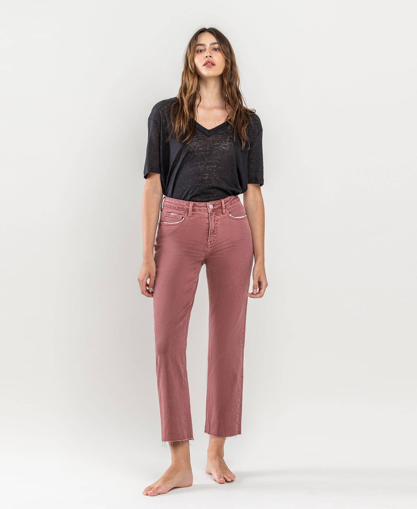 Raw Hem Crop Straight Medium/High Rise in Desert Rose