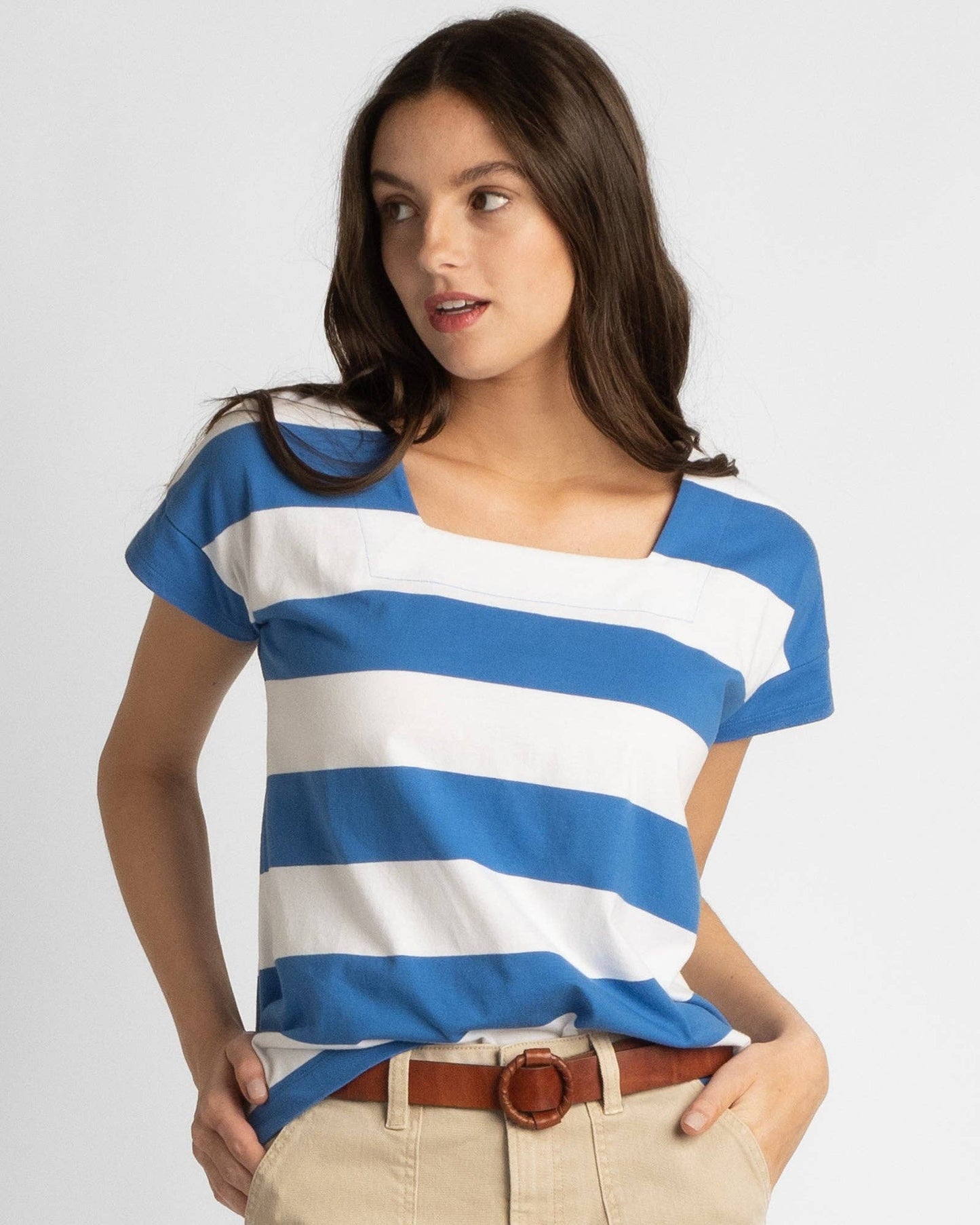 All Angles Square Neck Striped Tee in Bright Blue