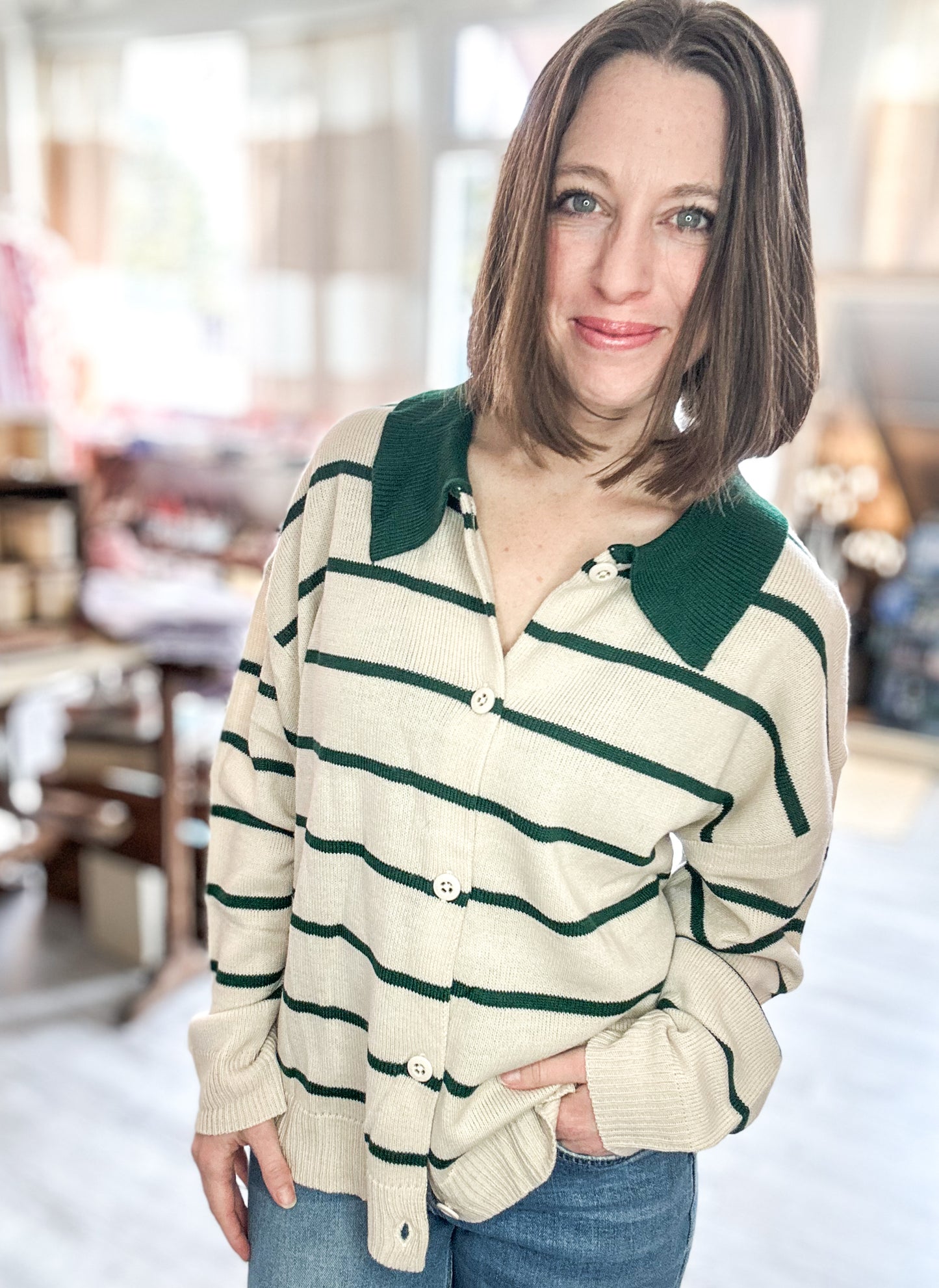Oversized Button Down Striped Casual Sweater in Green