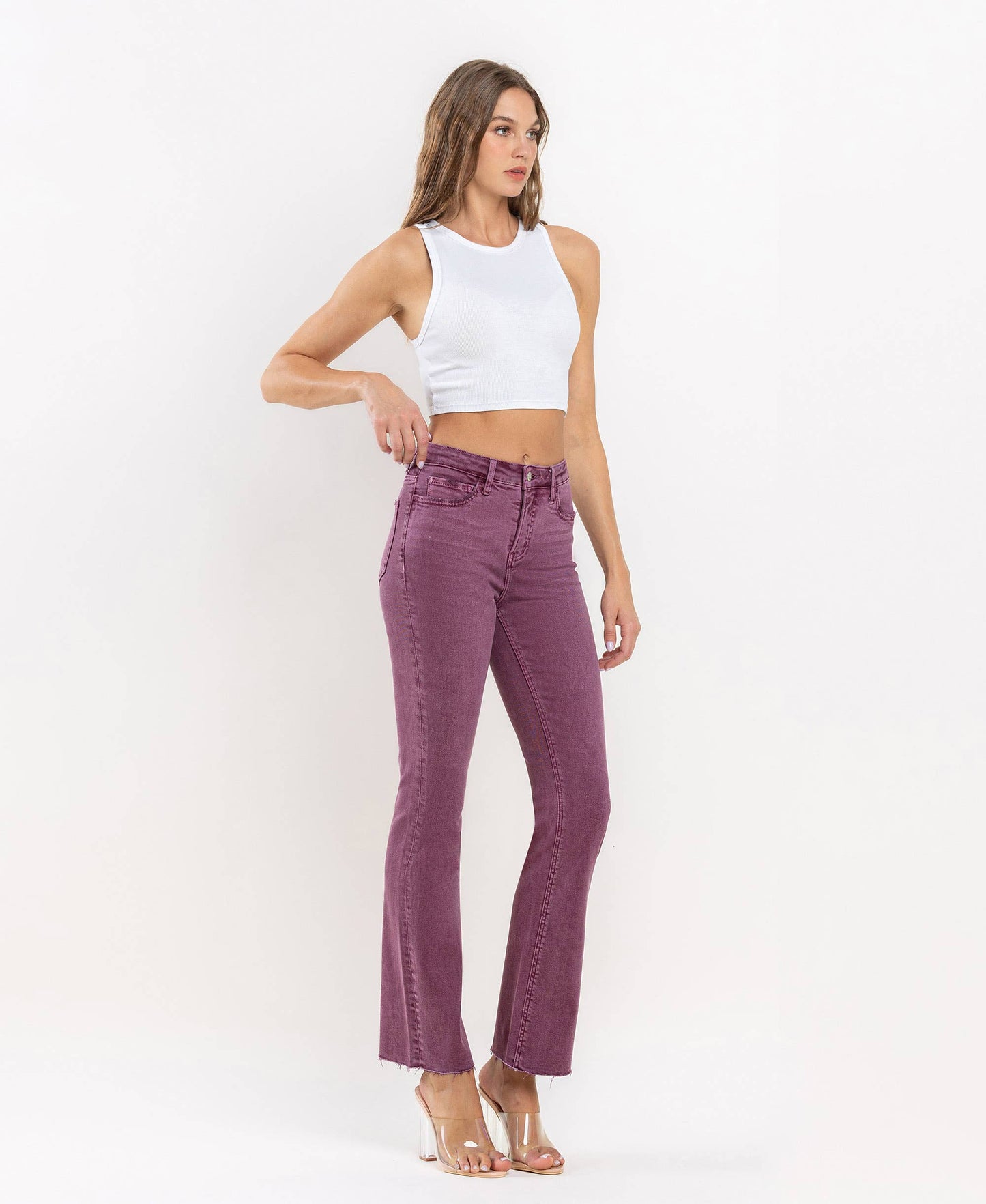 Mid Rise Raw Hem Bootcut in Sangria