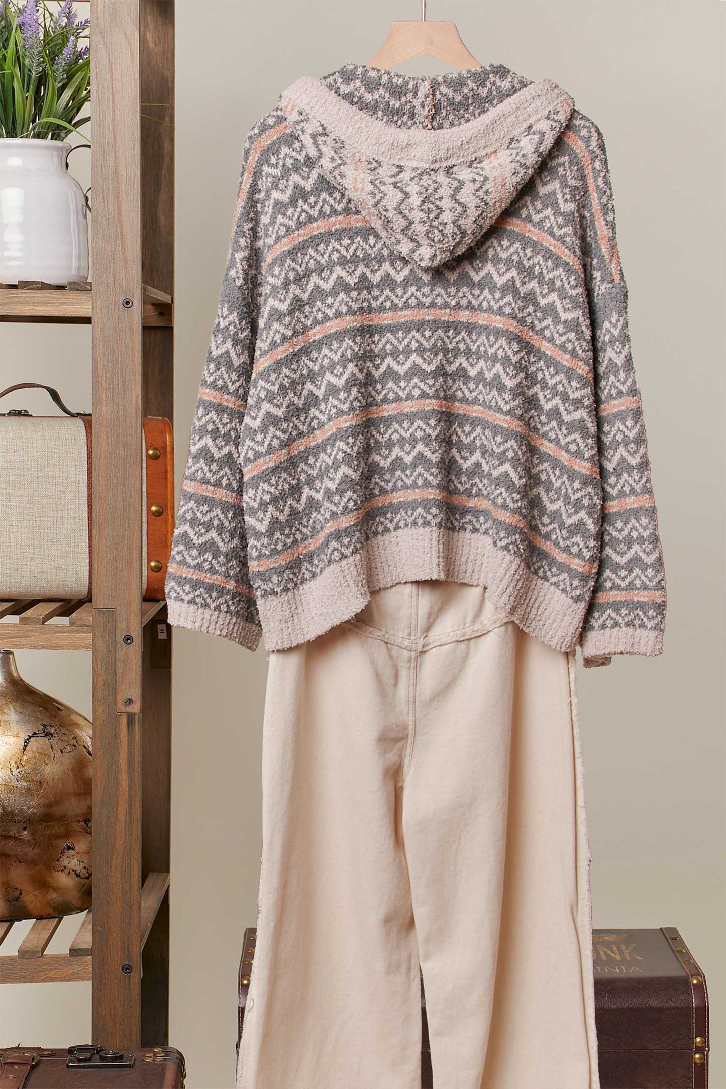 Zigzag Pattern Fleece Knit Hoodie