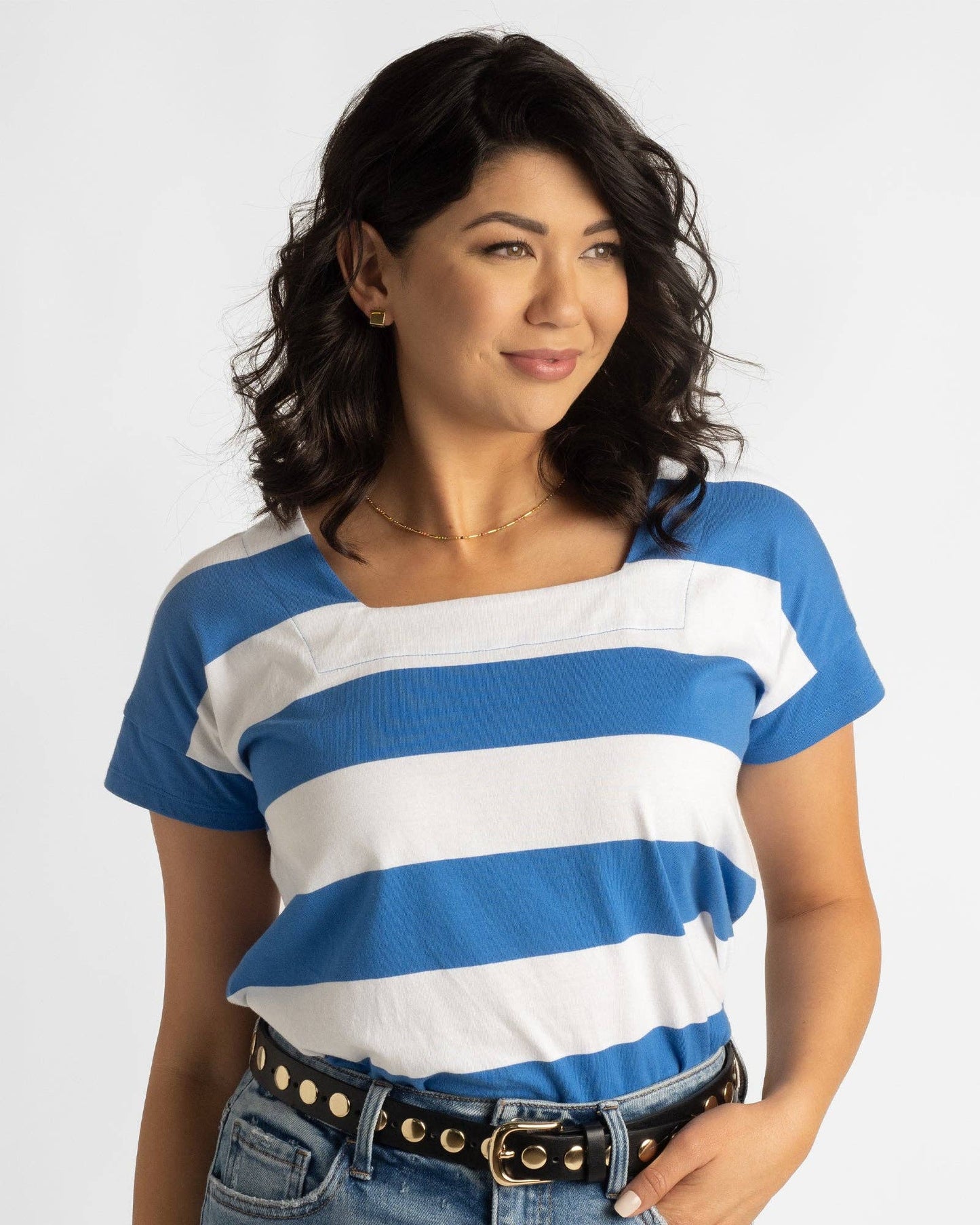 All Angles Square Neck Striped Tee in Bright Blue