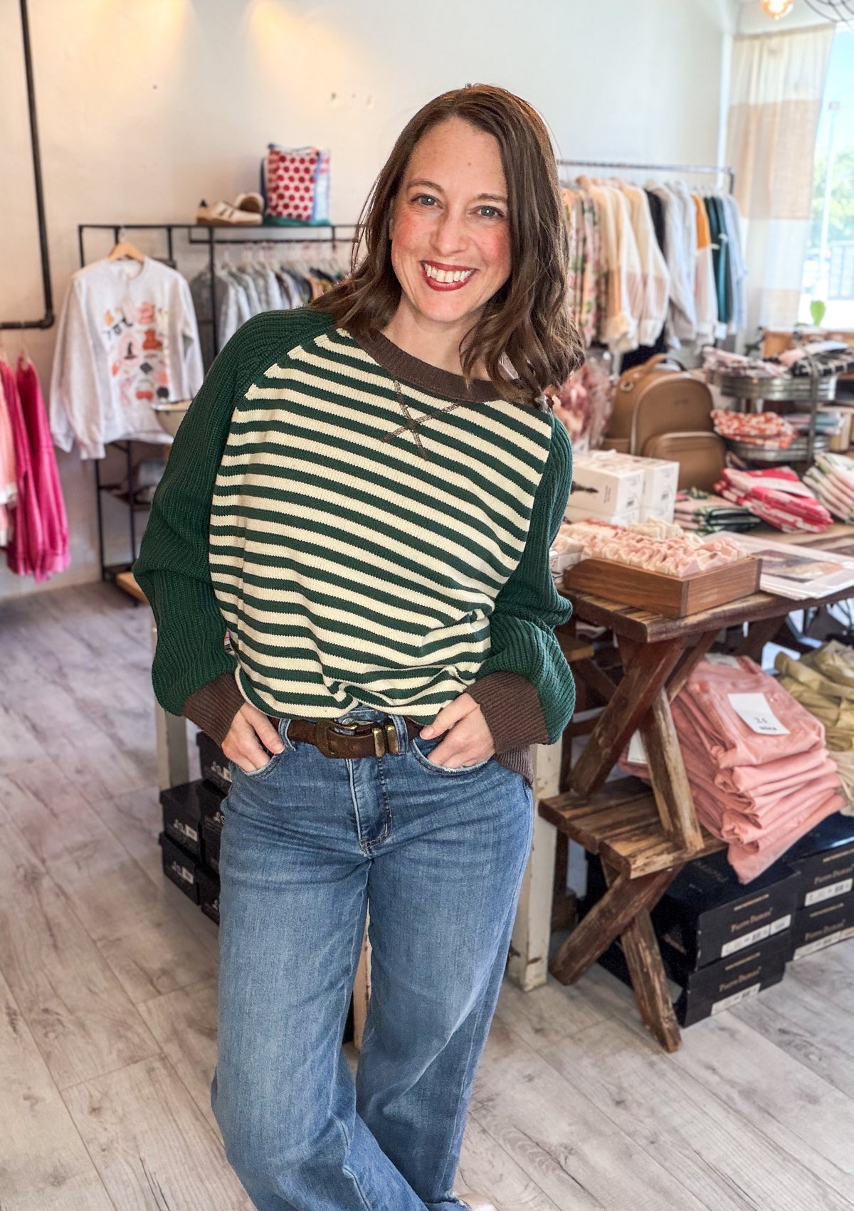 STRIPED COLORBLOCK RAGLAN LONG SLEEVE CREW SWEATER