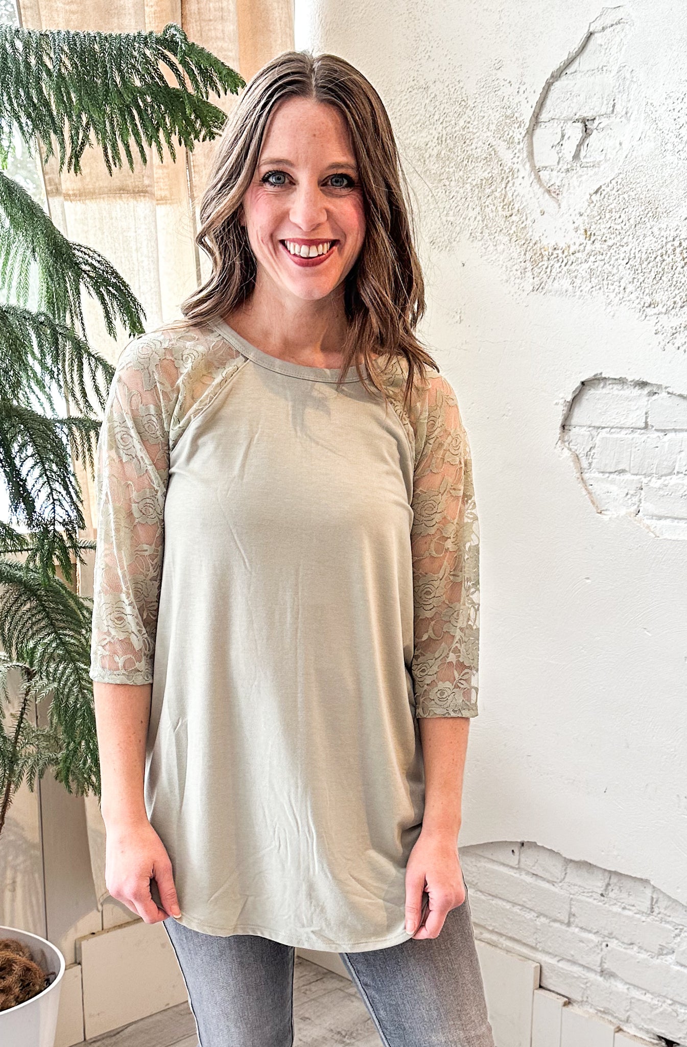 Cicely Lace Sleeve Top in Light Sage