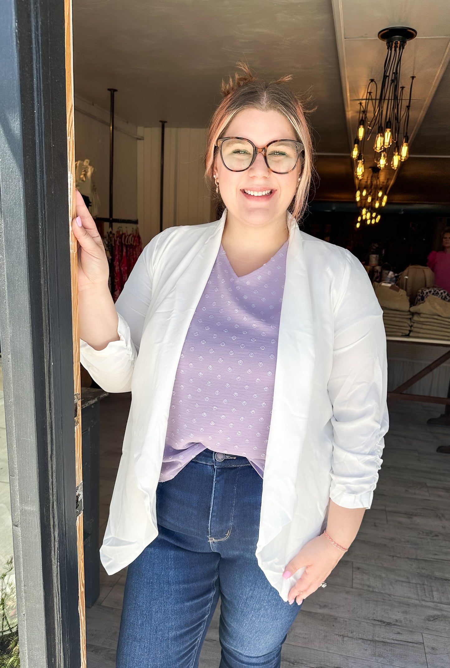 Beverly Hills 3/4 Rouched Sleeve Blazer in Vinbrant White