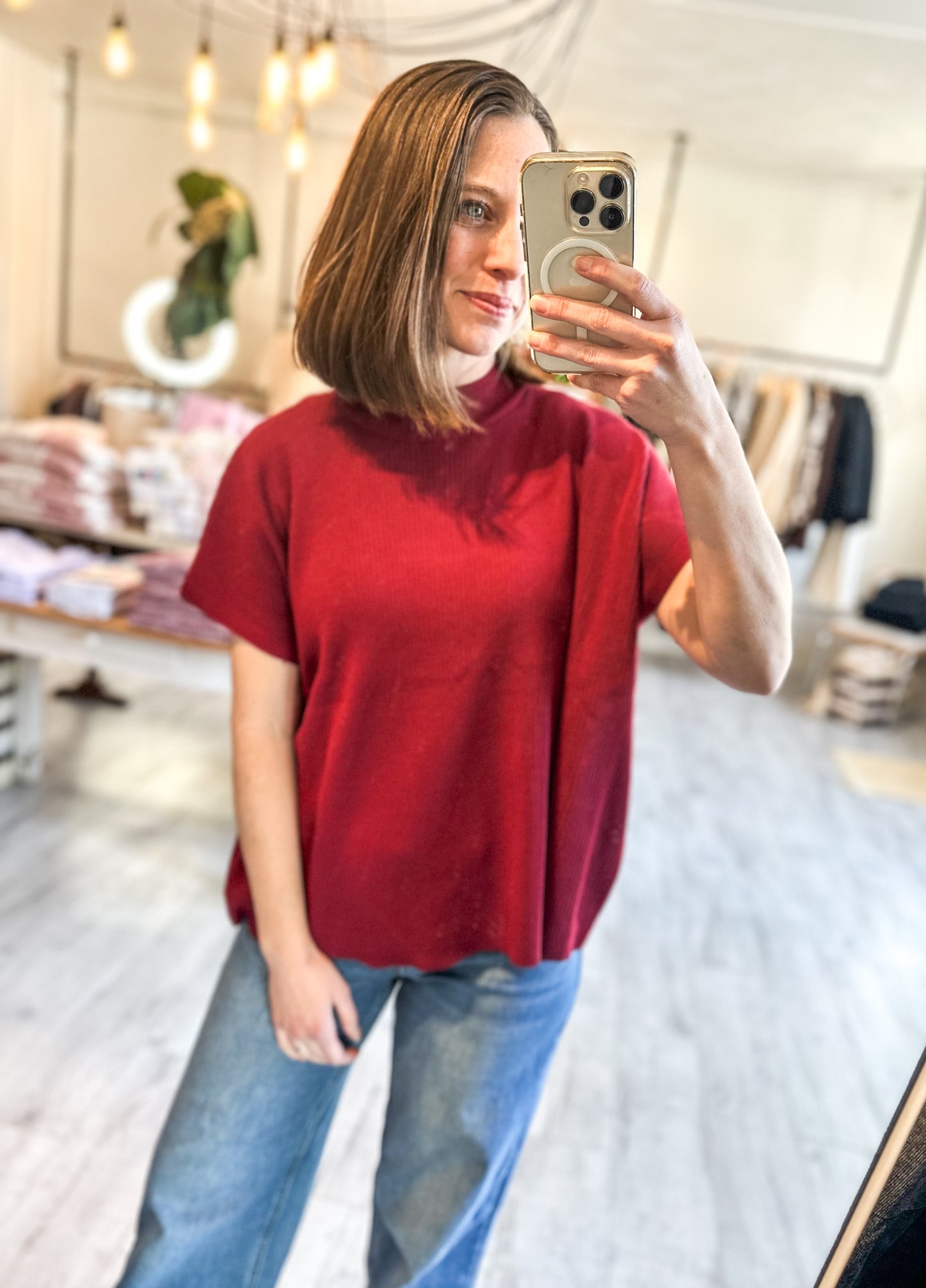 Mock Neck Short Sleeve Sweater in Cabernet