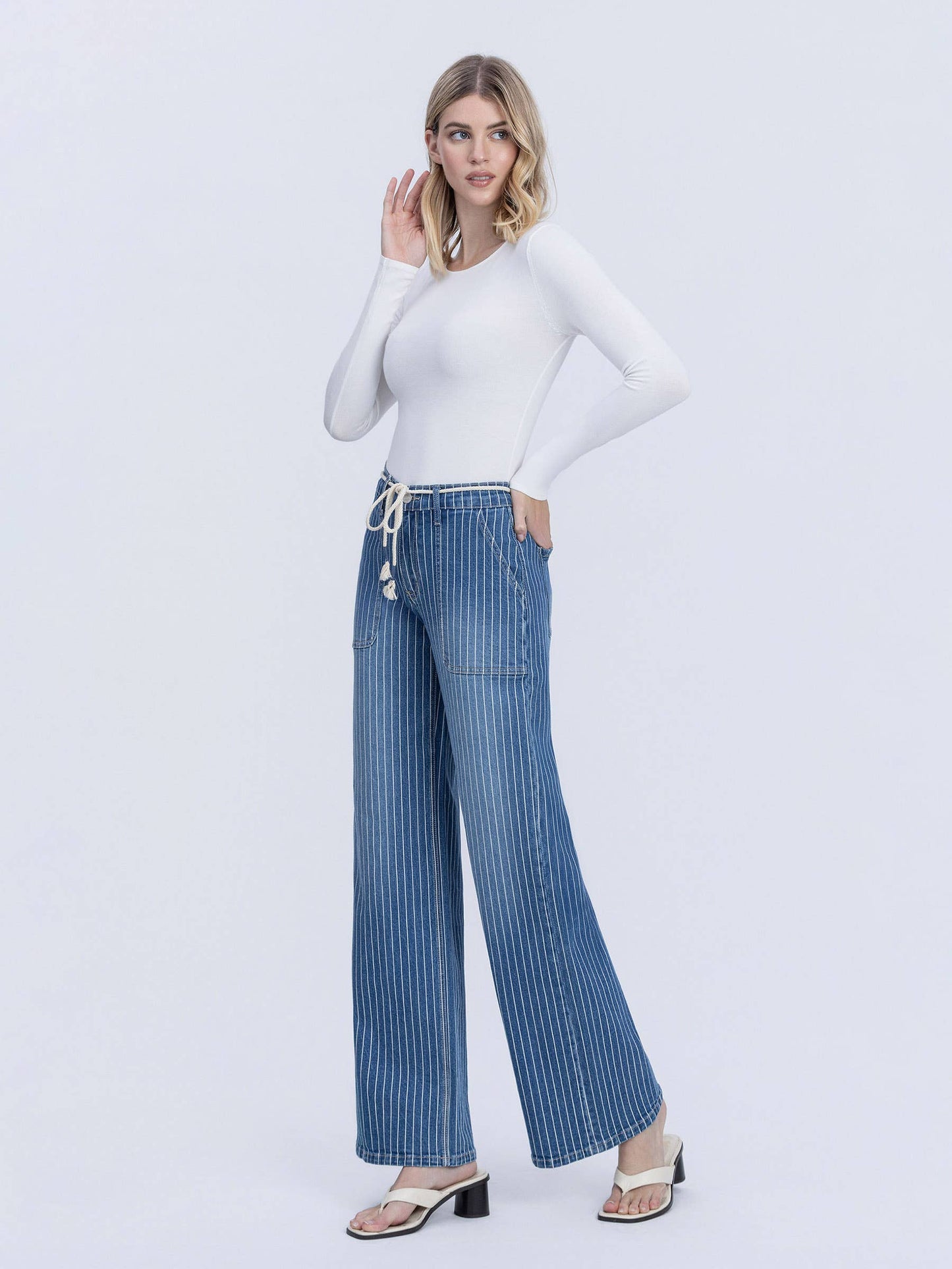 High Rise Drawcord Stripe Wide Denim by Lovervet
