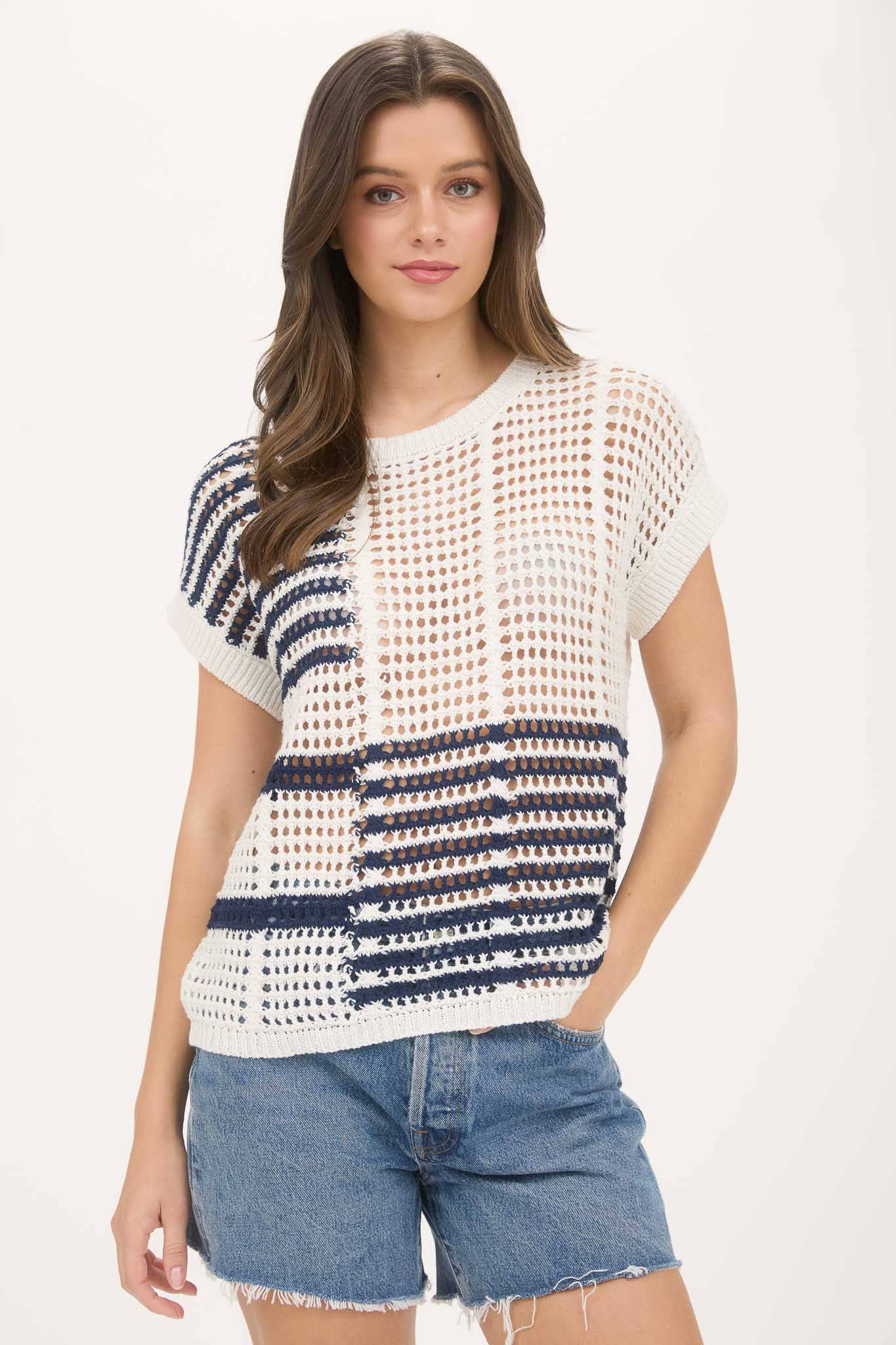 Multi Stripe Short Sleeve Crochet Knit Top in Navy