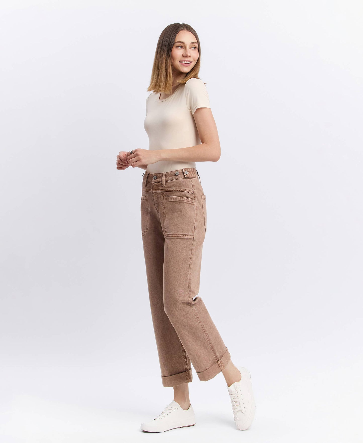 High Rise Tab Wide Denim in Warm Taupe by Flying Monkey