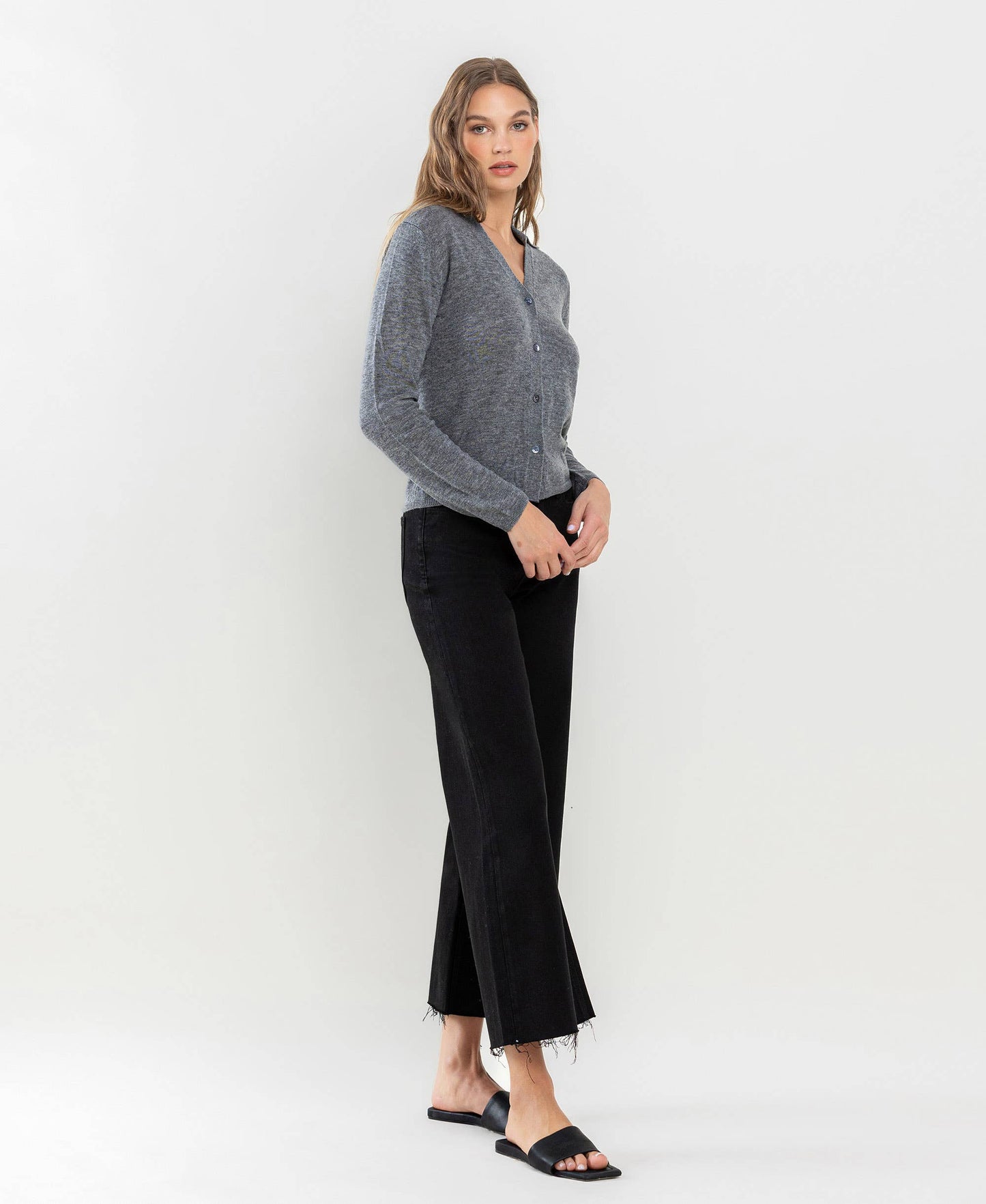 Jet Black High Rise Raw Hem Crop Wide Leg Denim by Lovervet