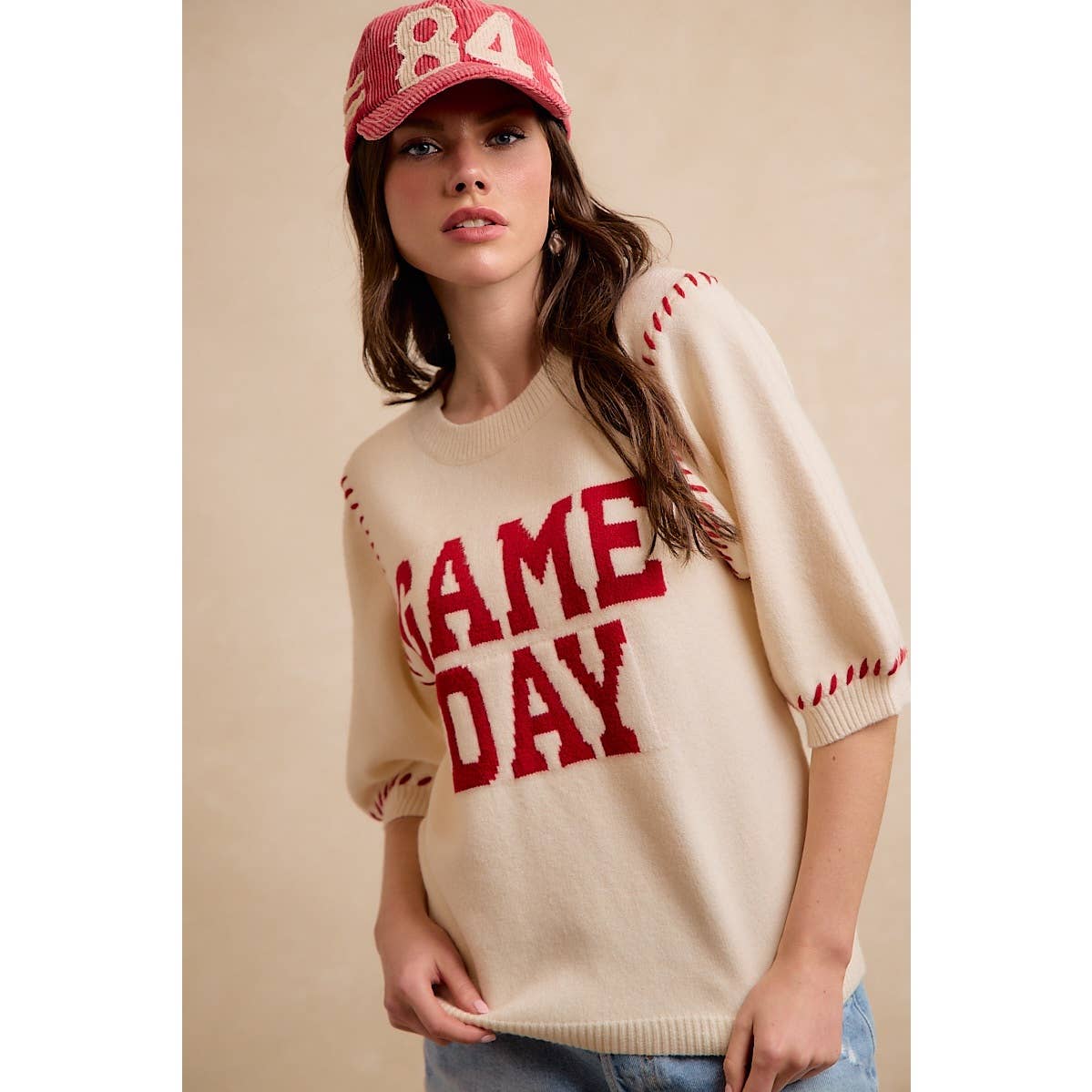 GAMEDAY THEME STITCH DETAIL PUFF SLEEVES KNIT TOP