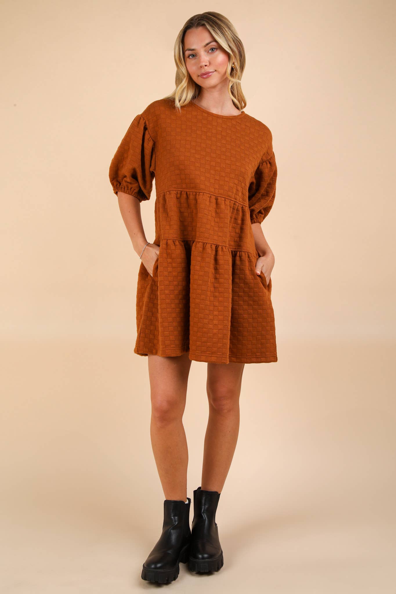 Quilted Knit A-Line Puff Sleeve Babydoll Mini Dress in Almond