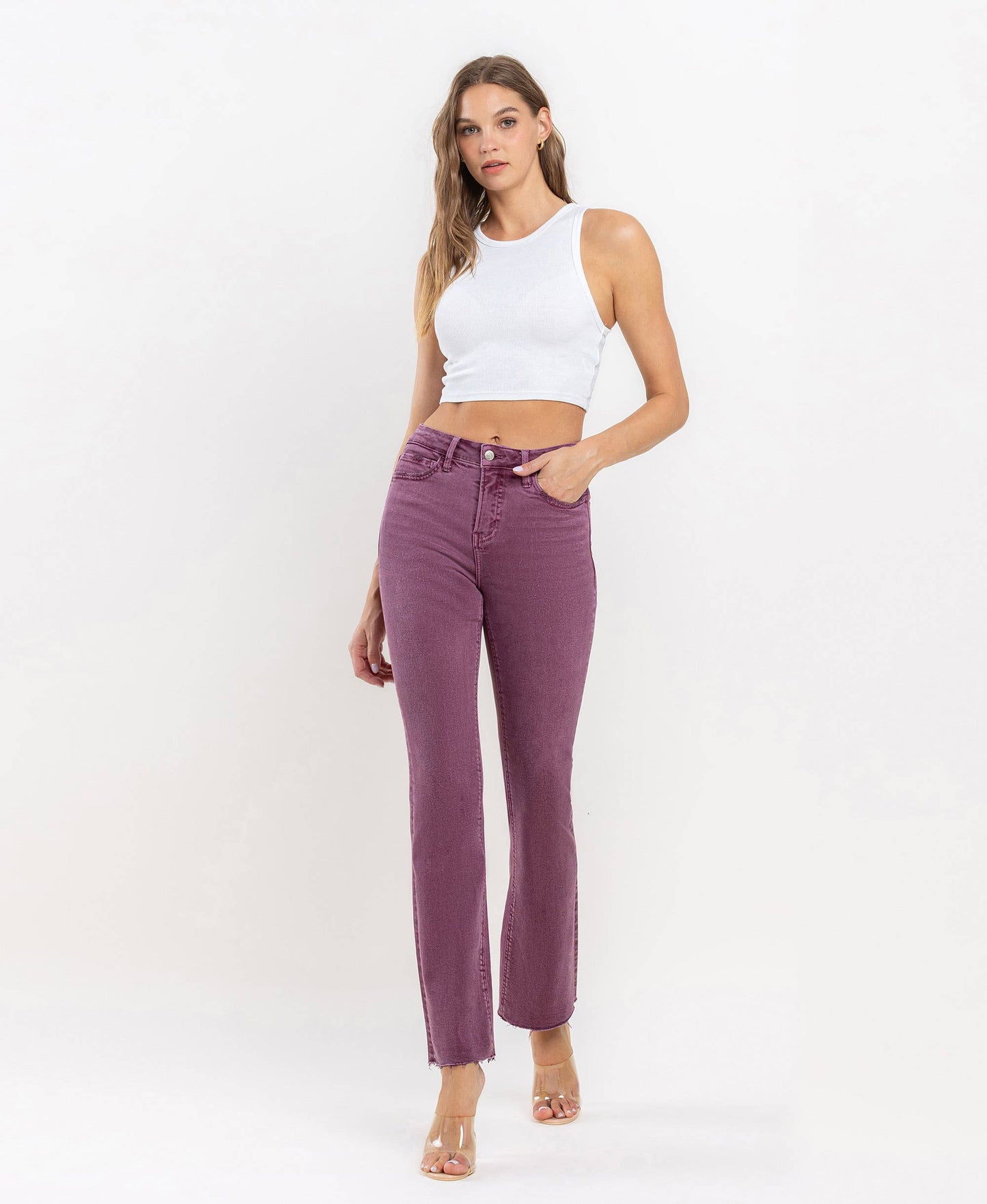 Mid Rise Raw Hem Bootcut in Sangria