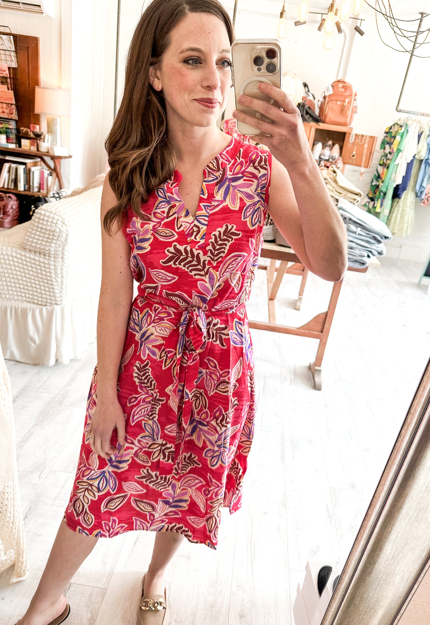 V-neck Midi Floral Print Dress w/ Adjustable Waist Detail in Fuchsia & Orchid