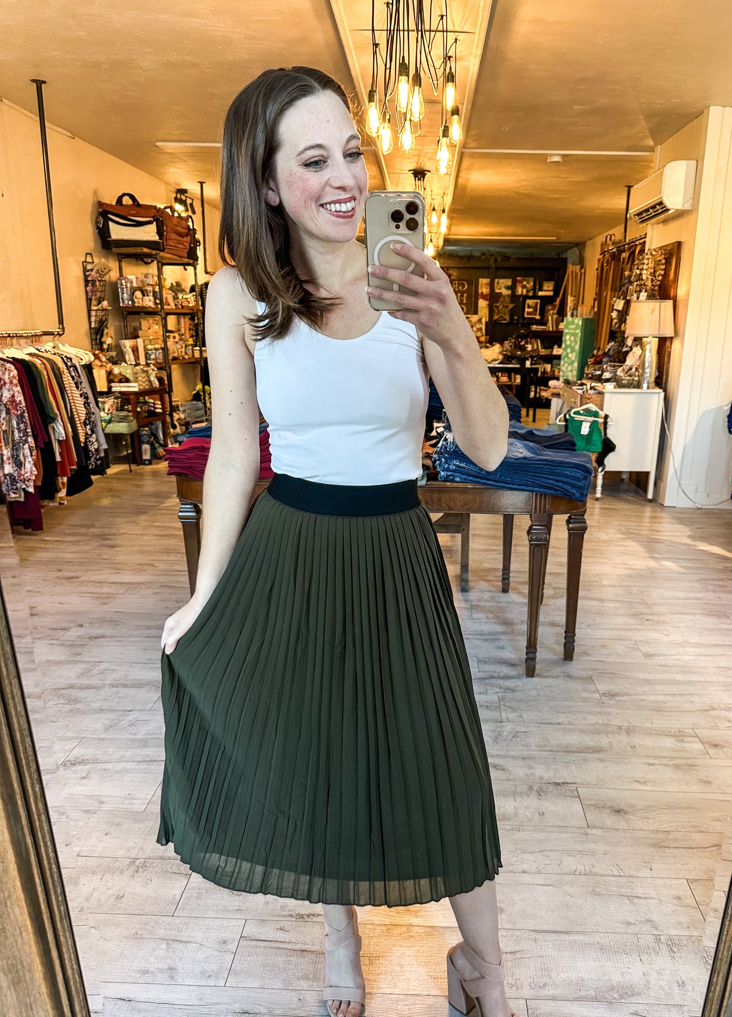 Midi Elizabeth Pleated Chiffon Skirt in Dark Olive