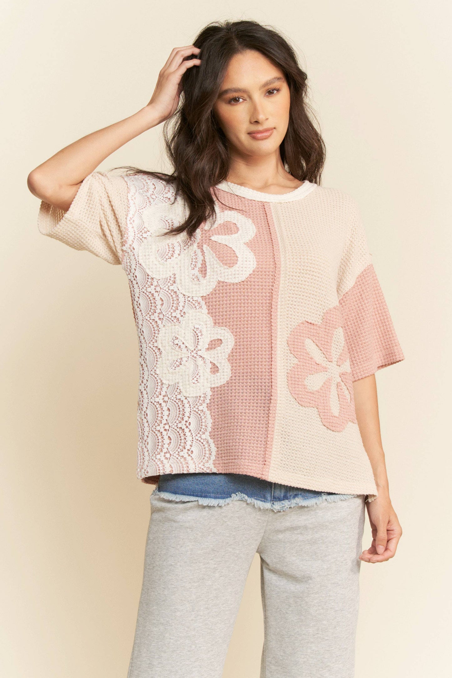 Patchwork Knit Pullover in Dusty Pink, Cream and Lace