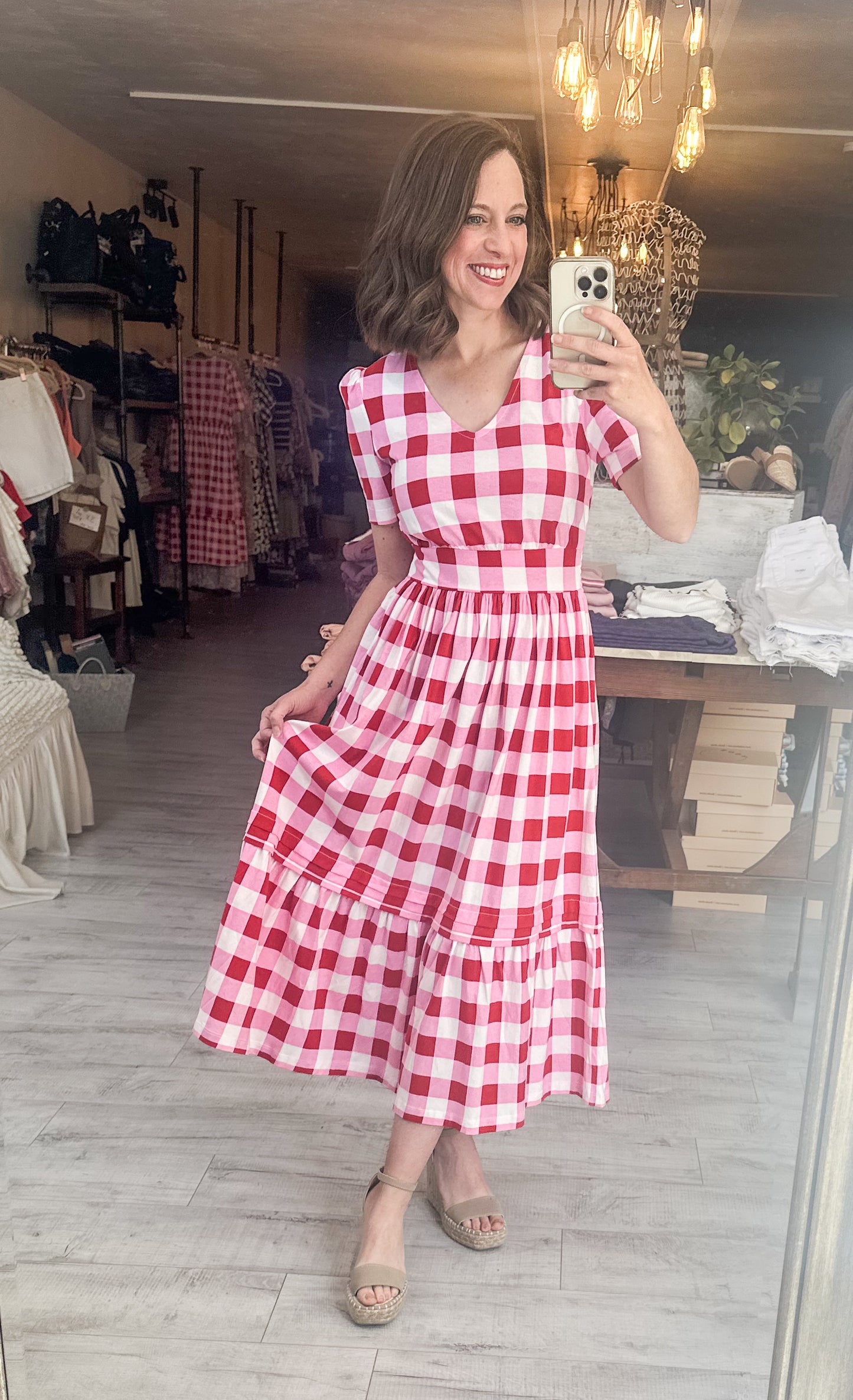 Market Pink Plaid Short Sleeve V-neck Midi Summer Dress