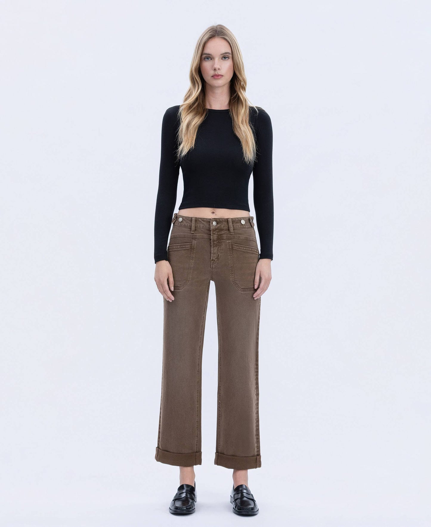 High Rise Tabbed Slim Wide Denim in Coffee by Flying Monkey