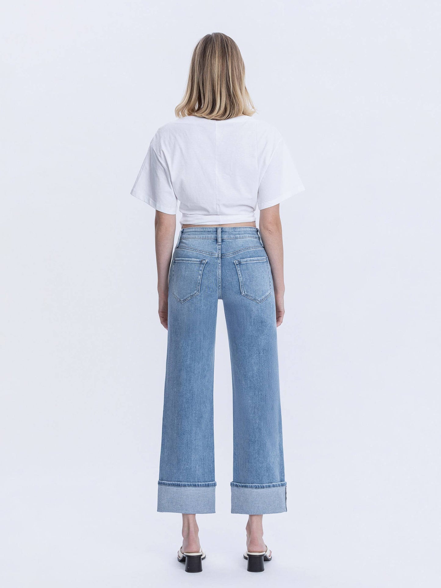 High Rise Medium Light Wash Cuffed Slim Wide Leg by Flying Monkey