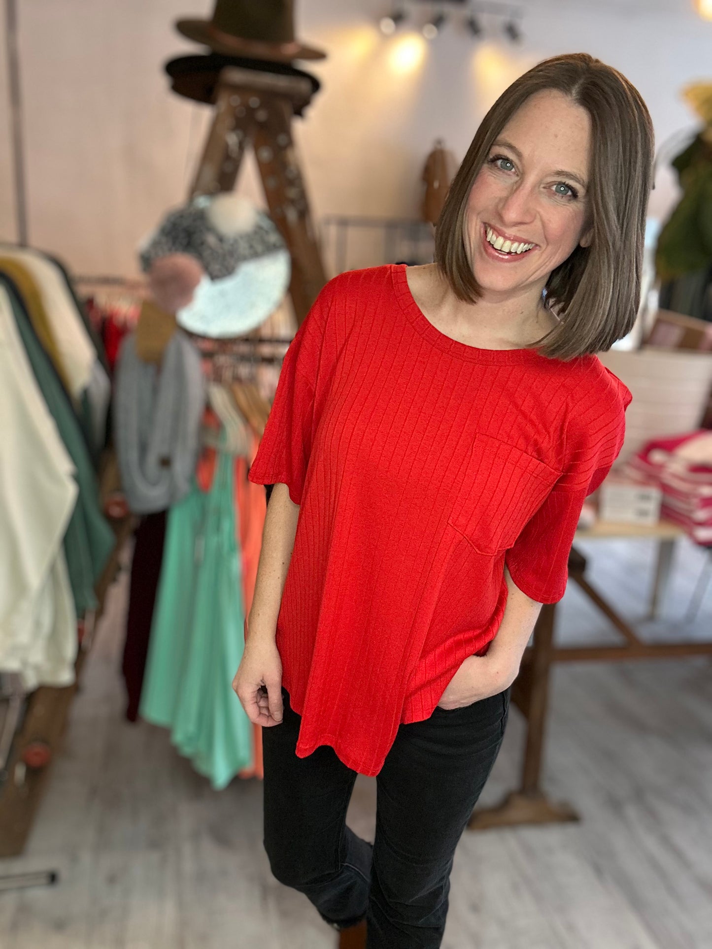 Ribbed Boyfriend Style Oversized Top in Ruby Red