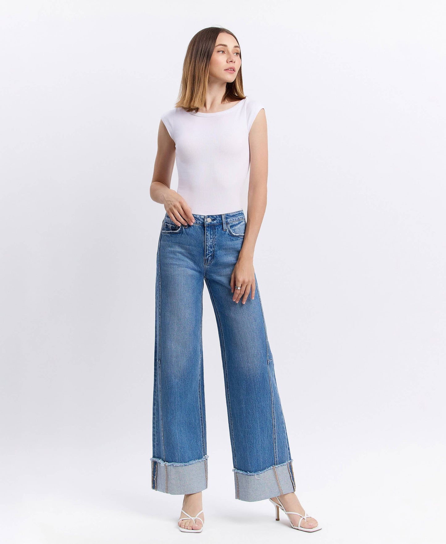 High Rise Cuffed Wide Leg Denim by Vervet with Detailed Seam
