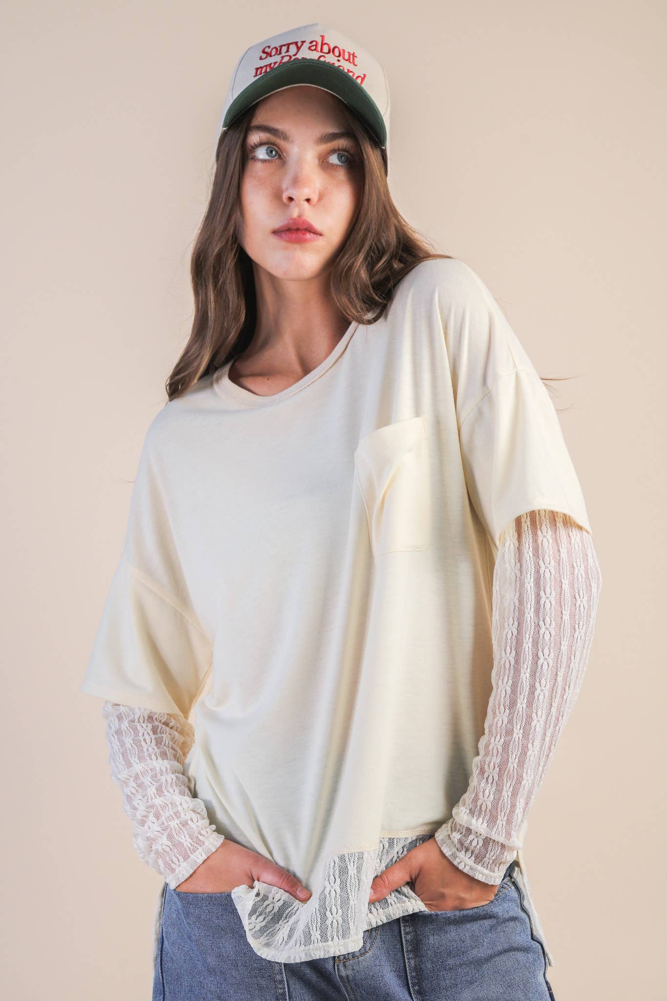 Oversized Casual Knit Top W/ Lace in Olive, Black or Wine