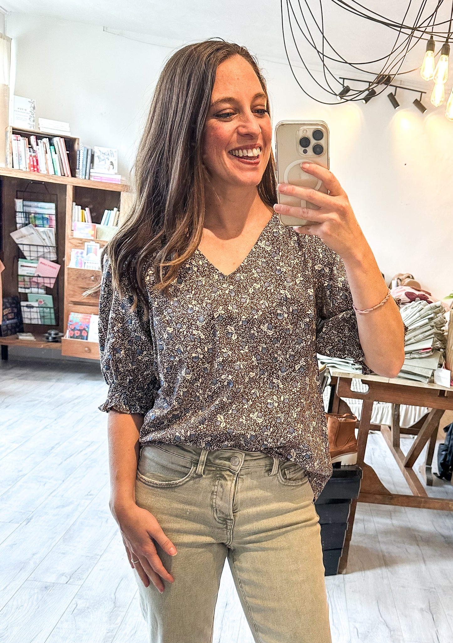 V Neck Smocked Sleeve Blouse in Ash Mocha and Blue