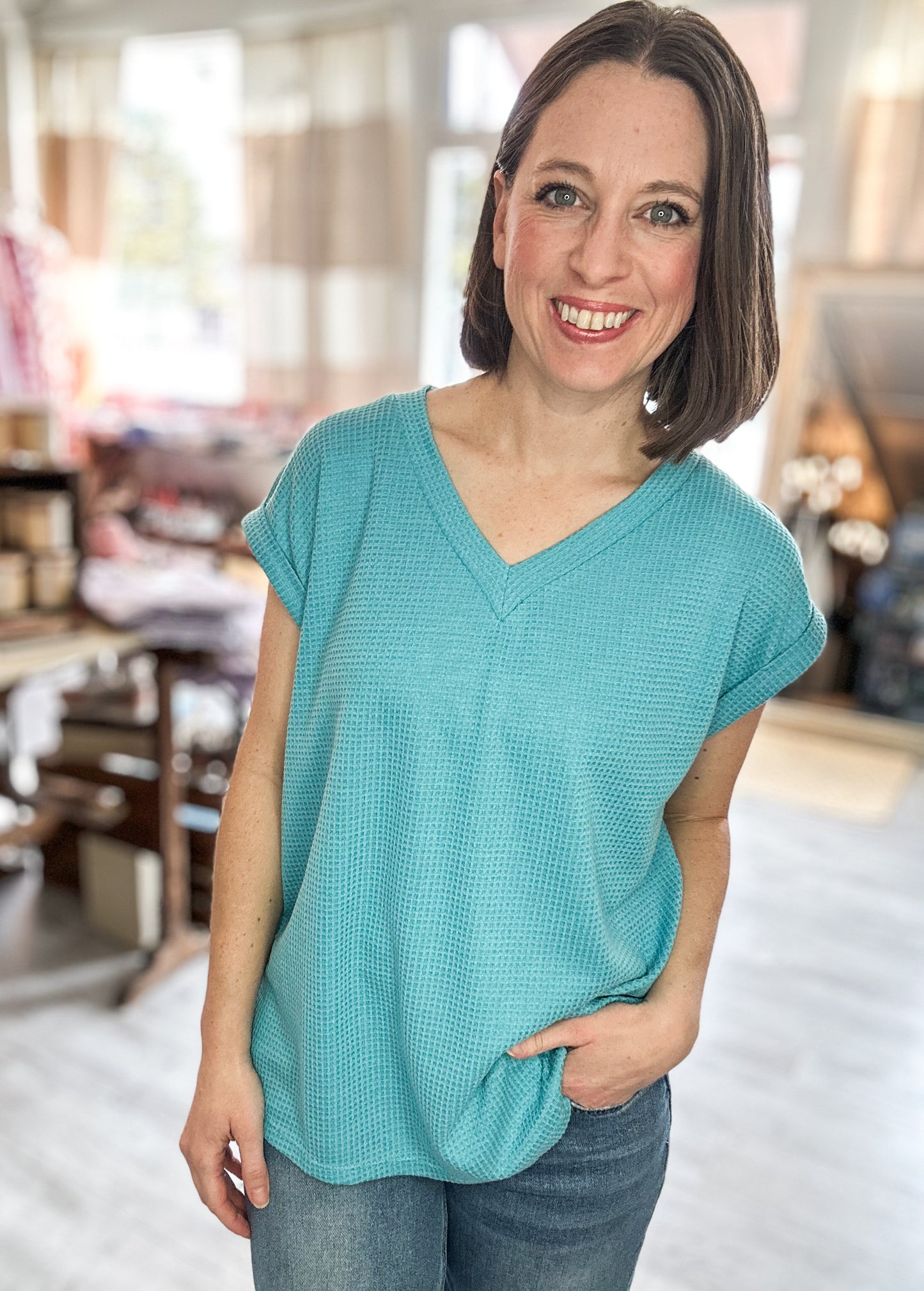 Two-Tone Dolman Sleeve Top in Teal