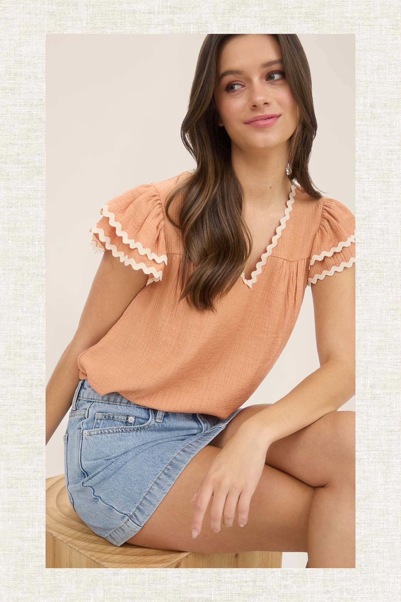 Wavy Trim Ruffle Sleeve Blouse in Dusty Peach