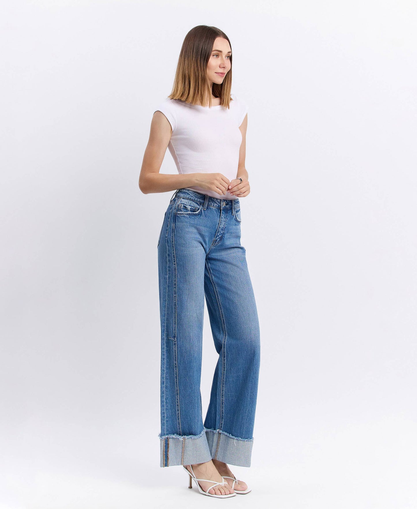 High Rise Cuffed Wide Leg Denim by Vervet with Detailed Seam