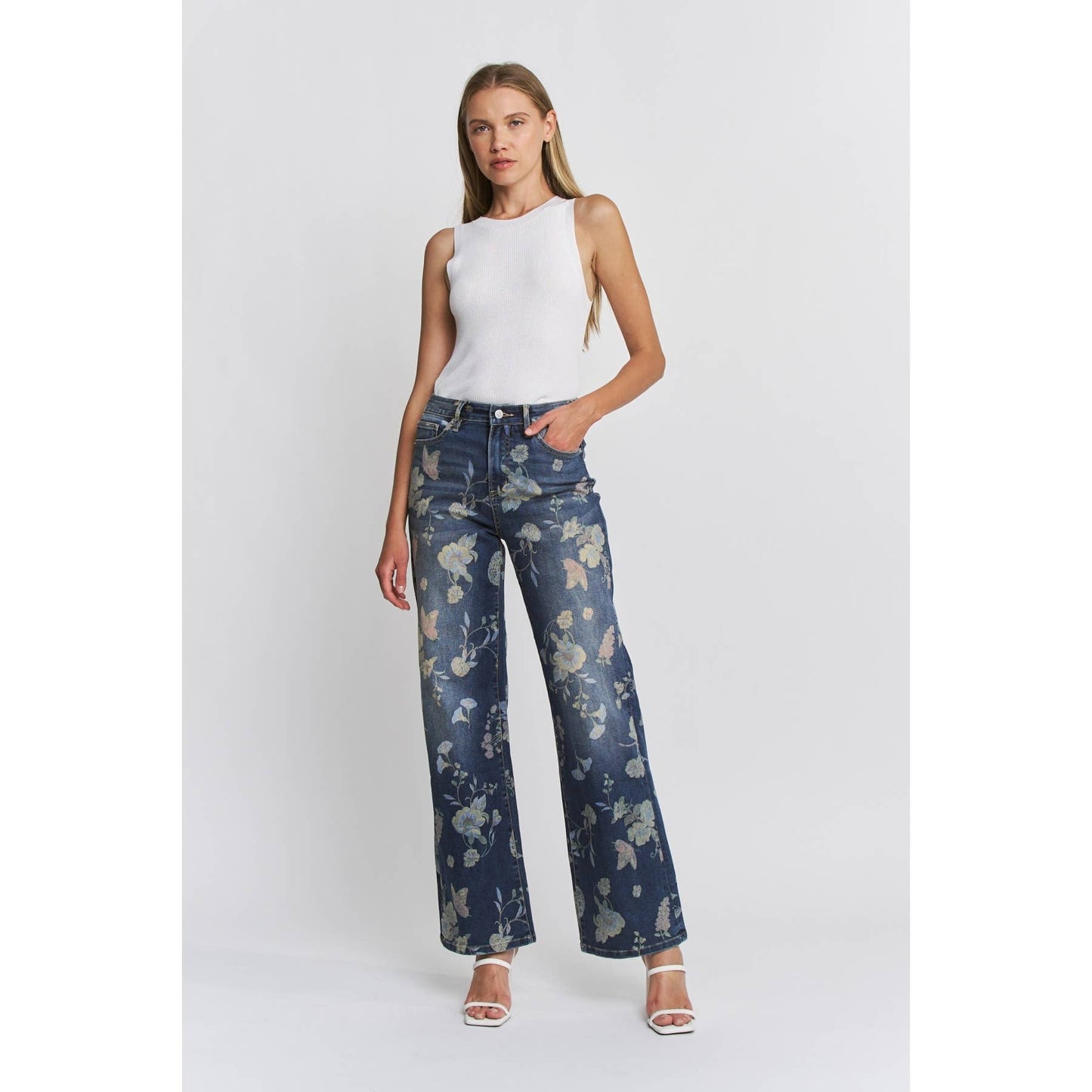 High Rise Wide Leg Denim in Floral Blue by MICA