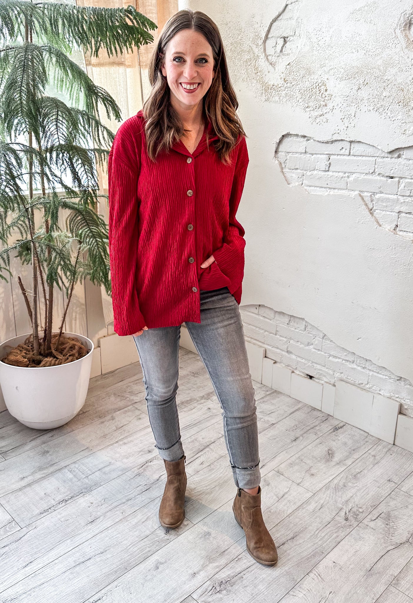 Crimson Red Rib Knit Button Up Top
