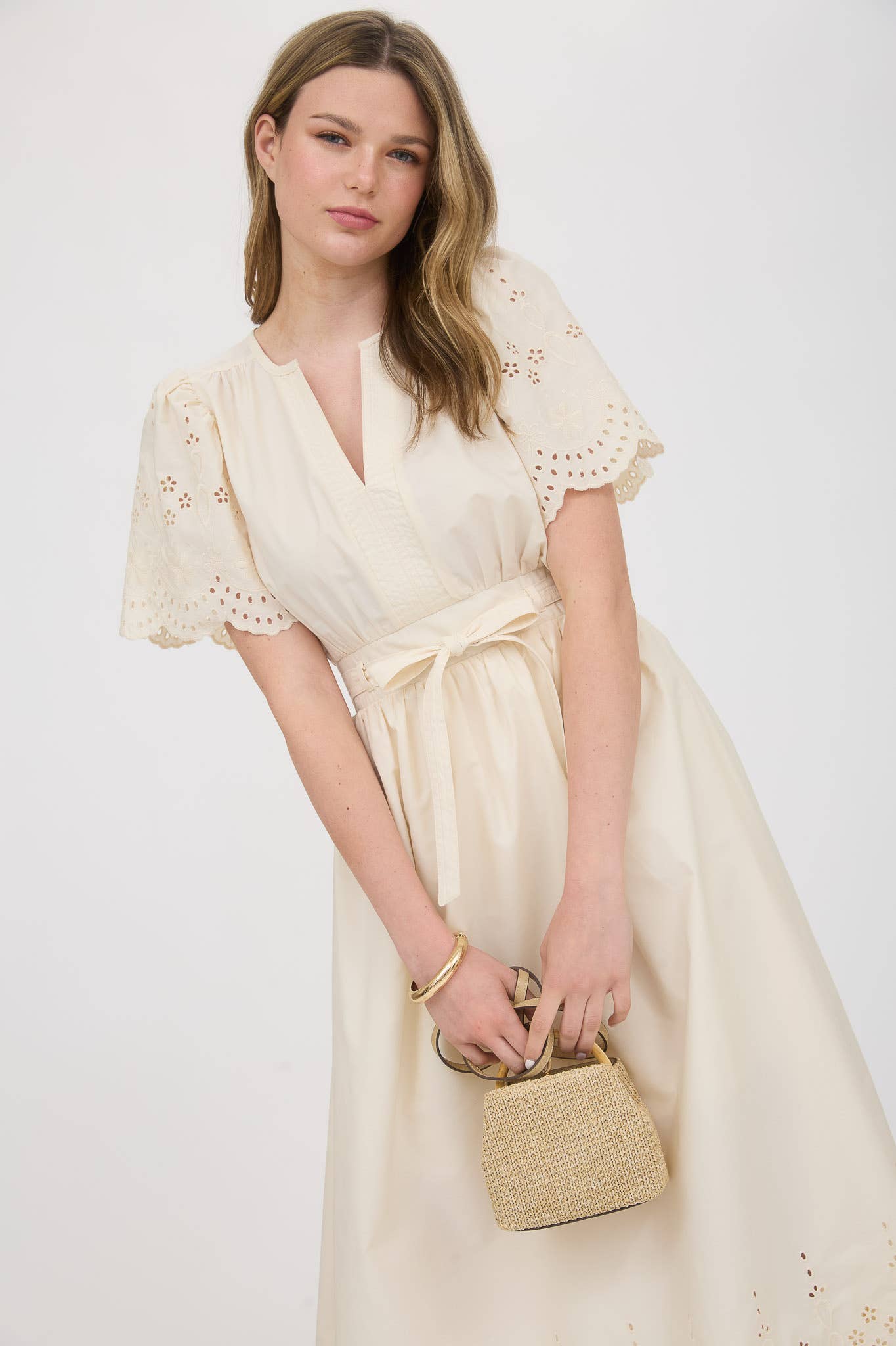 Embroidered Eyelet Belted Mid Dress in Champaign Ivory