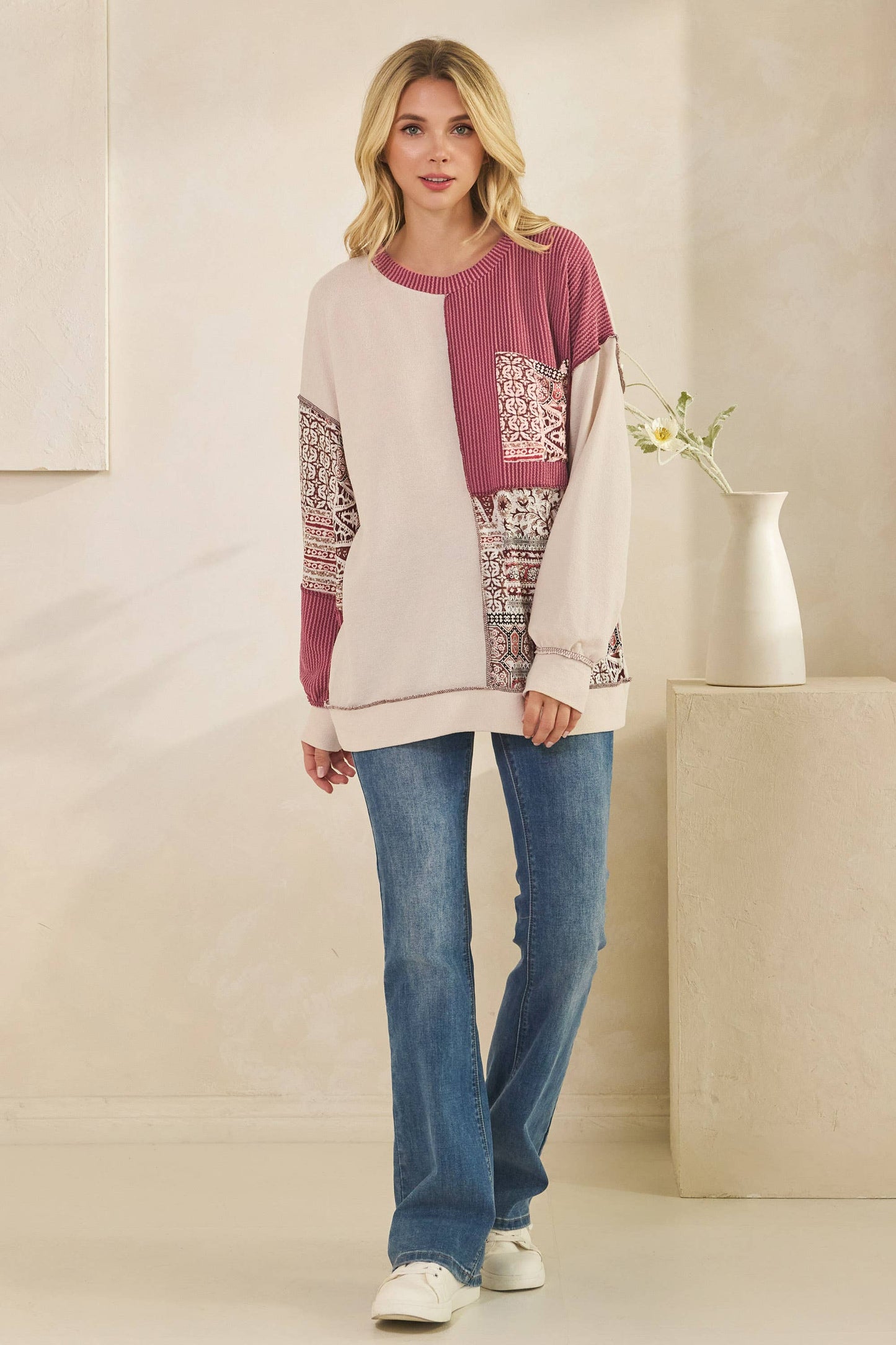 Patchwork Knit Long Sleeve Pullover Top in Burgundy or Olive