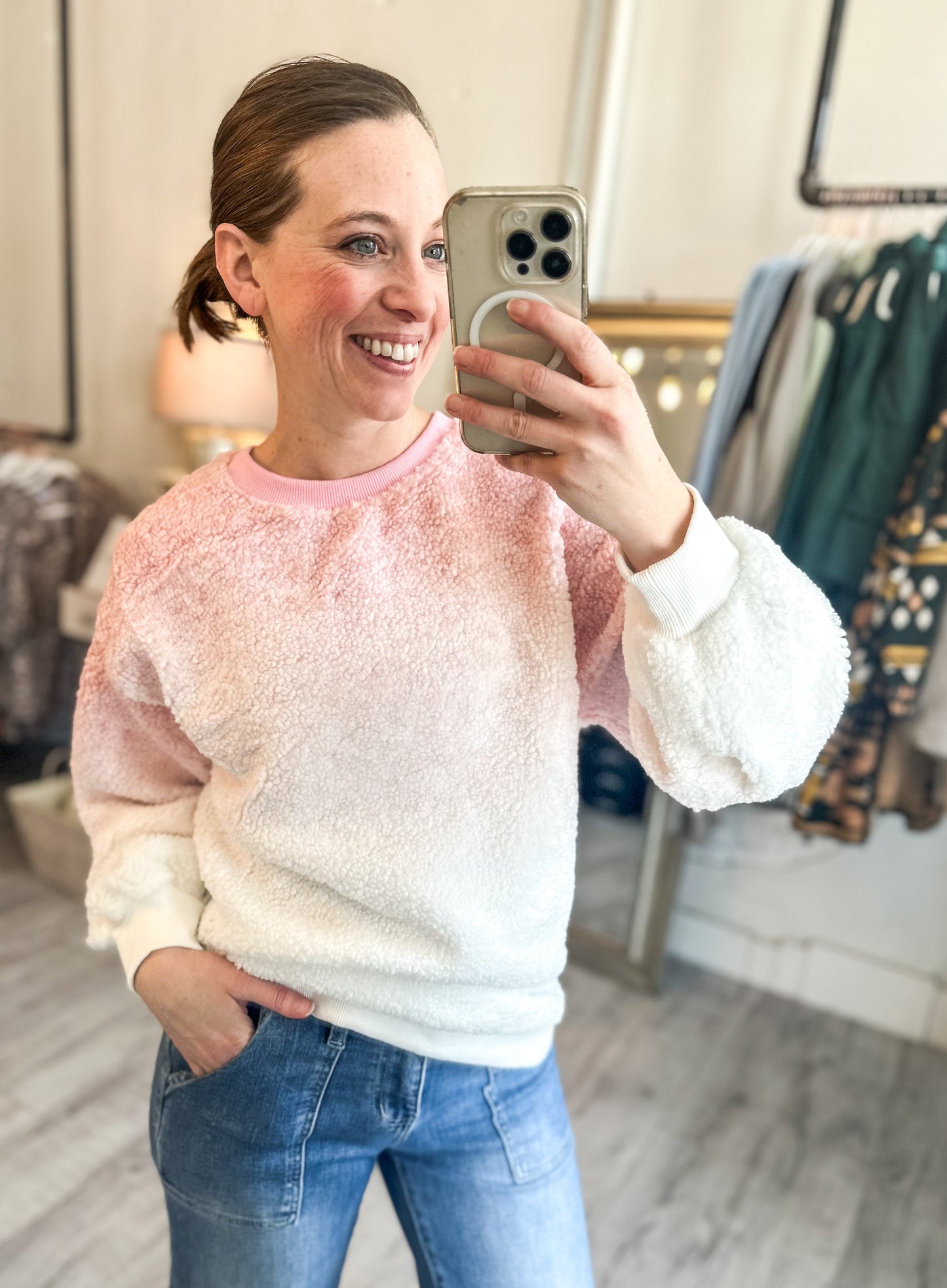 Soft Fleece Ombre Oversized Knit Top in Pink