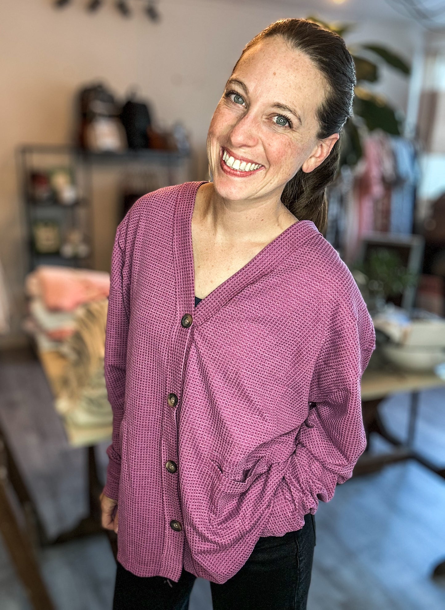 Two-Tone Charm Cardigan in Marigold and Magenta