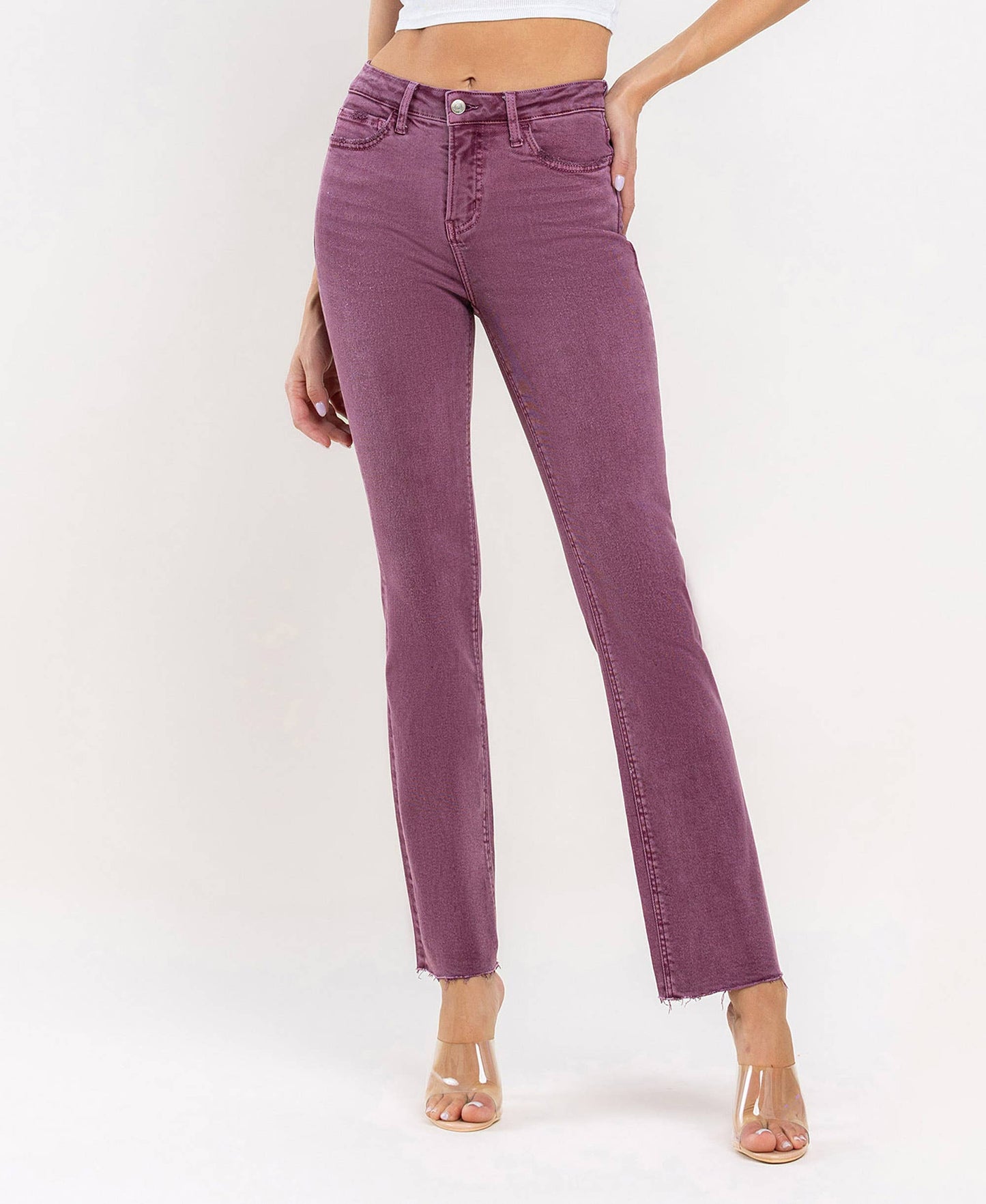 Mid Rise Raw Hem Bootcut in Sangria