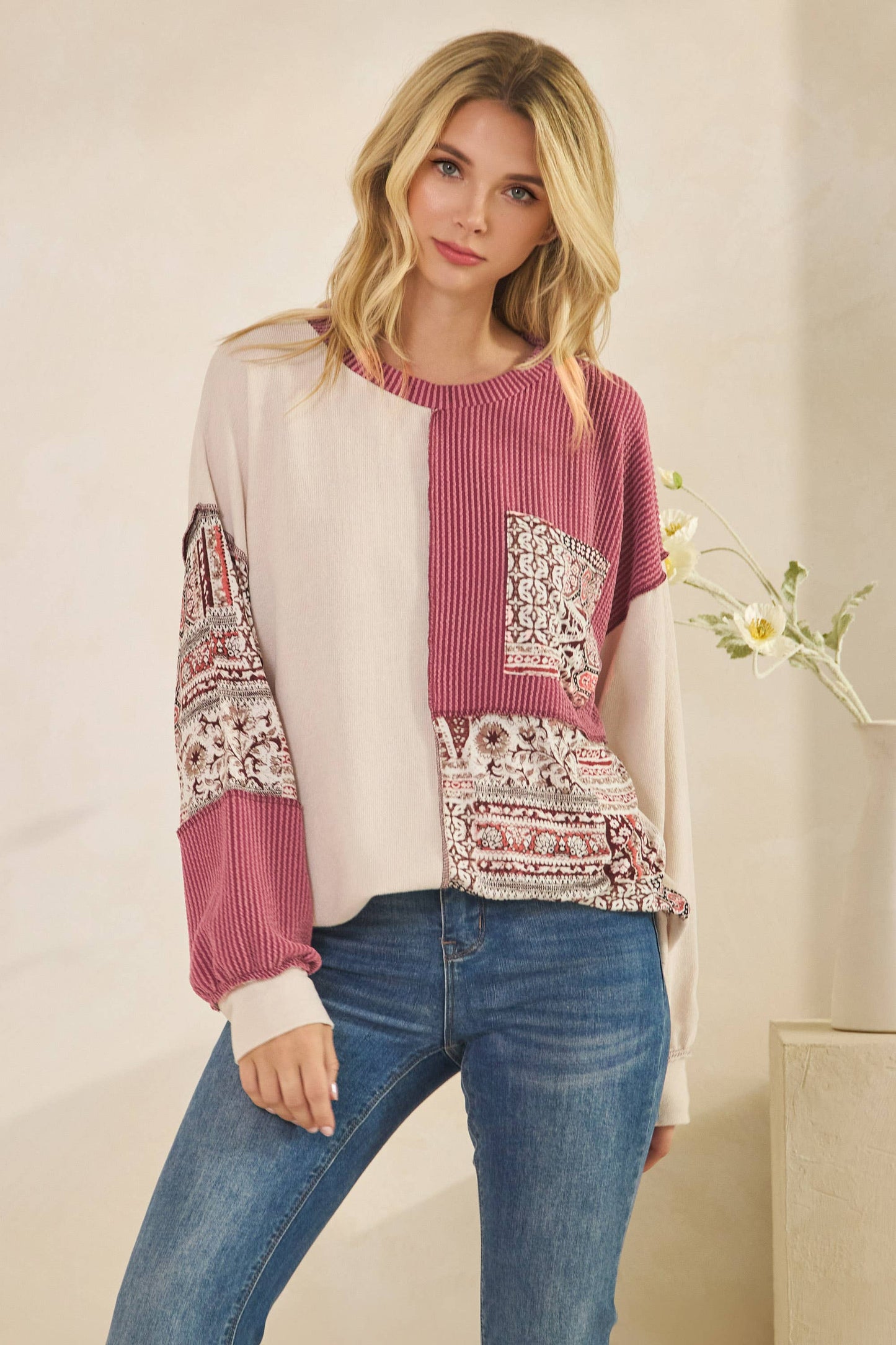 Patchwork Knit Long Sleeve Pullover Top in Burgundy or Olive