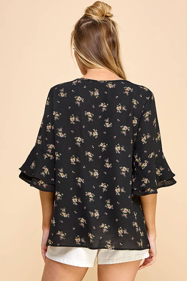 Floral Button Top in Black