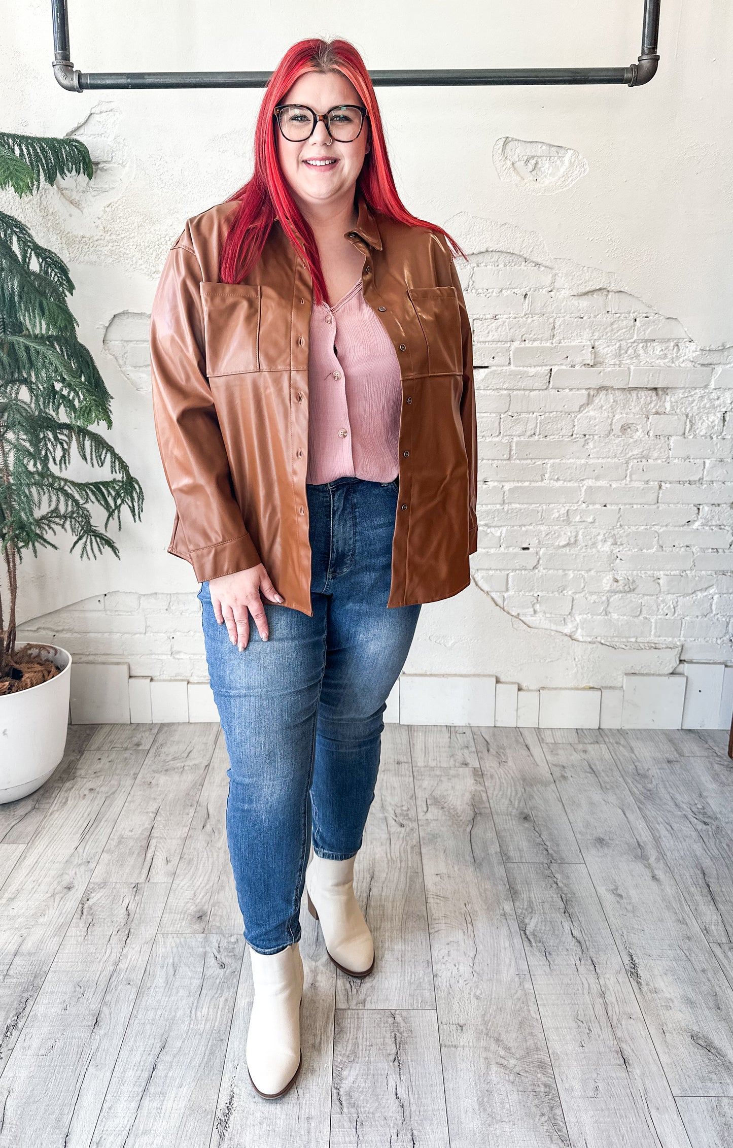 Faux Leather Button Down in Rich Cognac