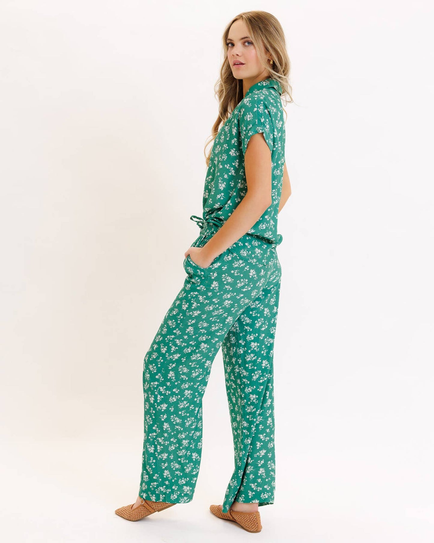 Green Ditsy Floral Print Comfy Pants