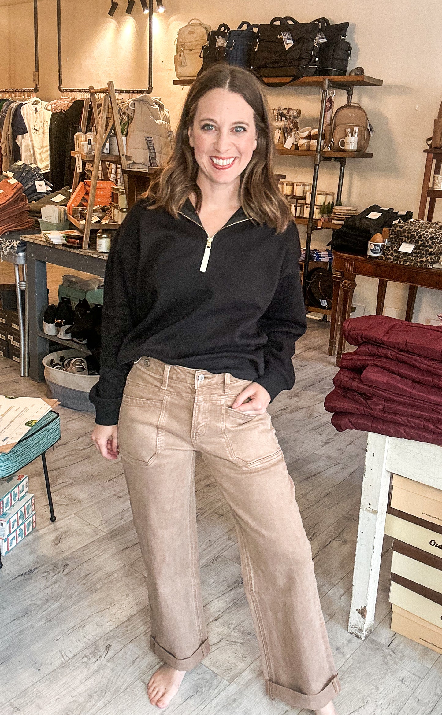 High Rise Tab Wide Denim in Warm Taupe by Flying Monkey