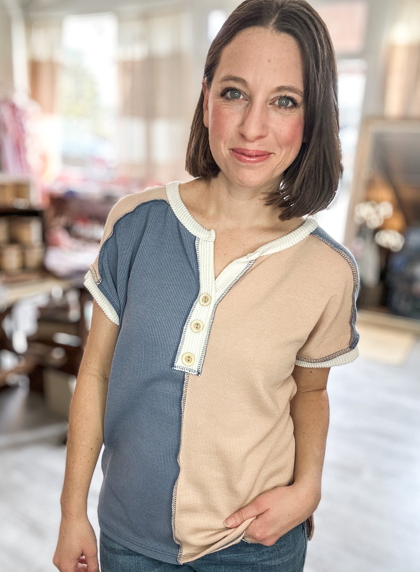 Ribbed Color Block Button front Short Sleeves Top in Denim Blue